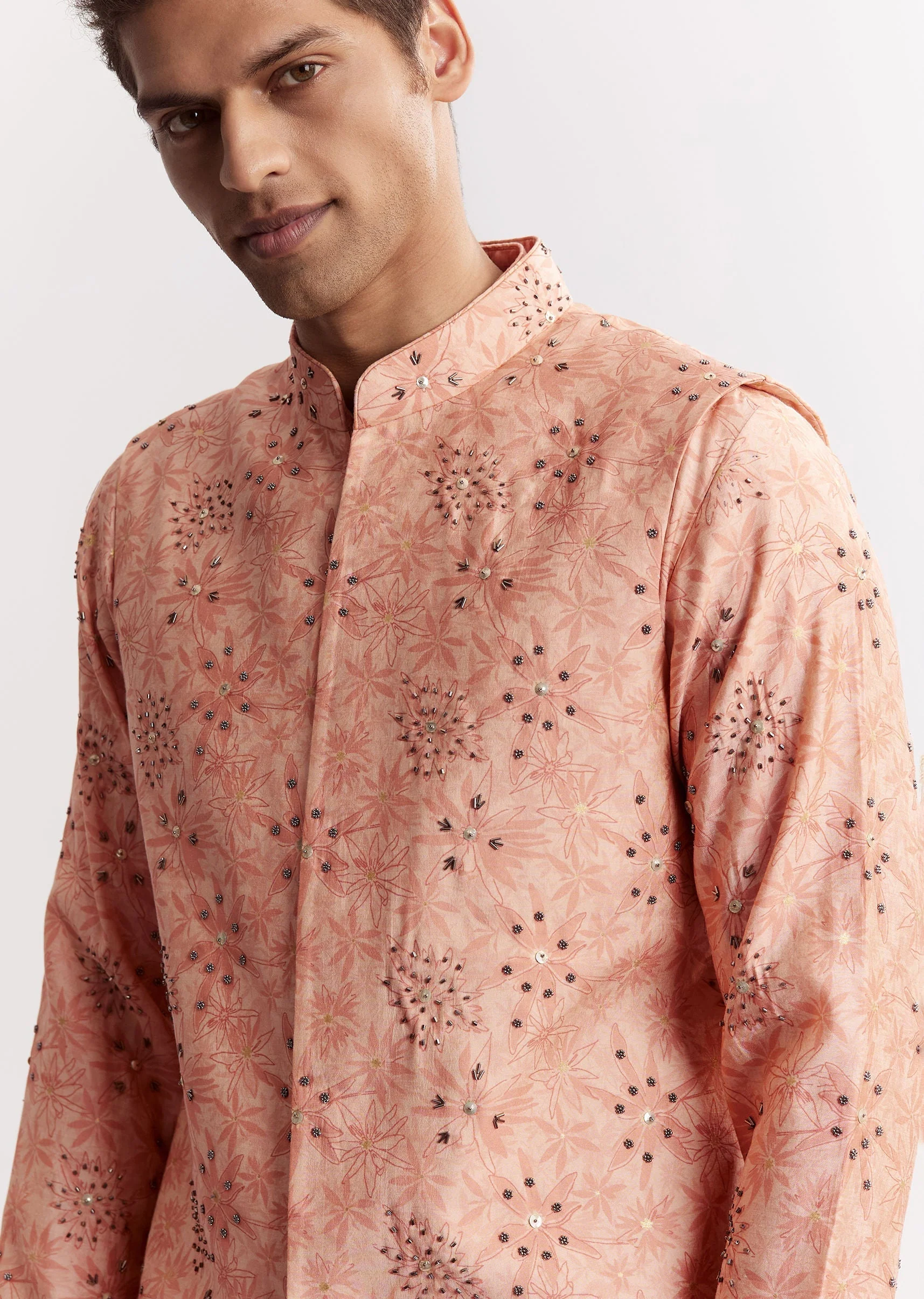 Blush Peach Silk Kurta Jacket Set With Sequins And Moti Detailing - Image 3