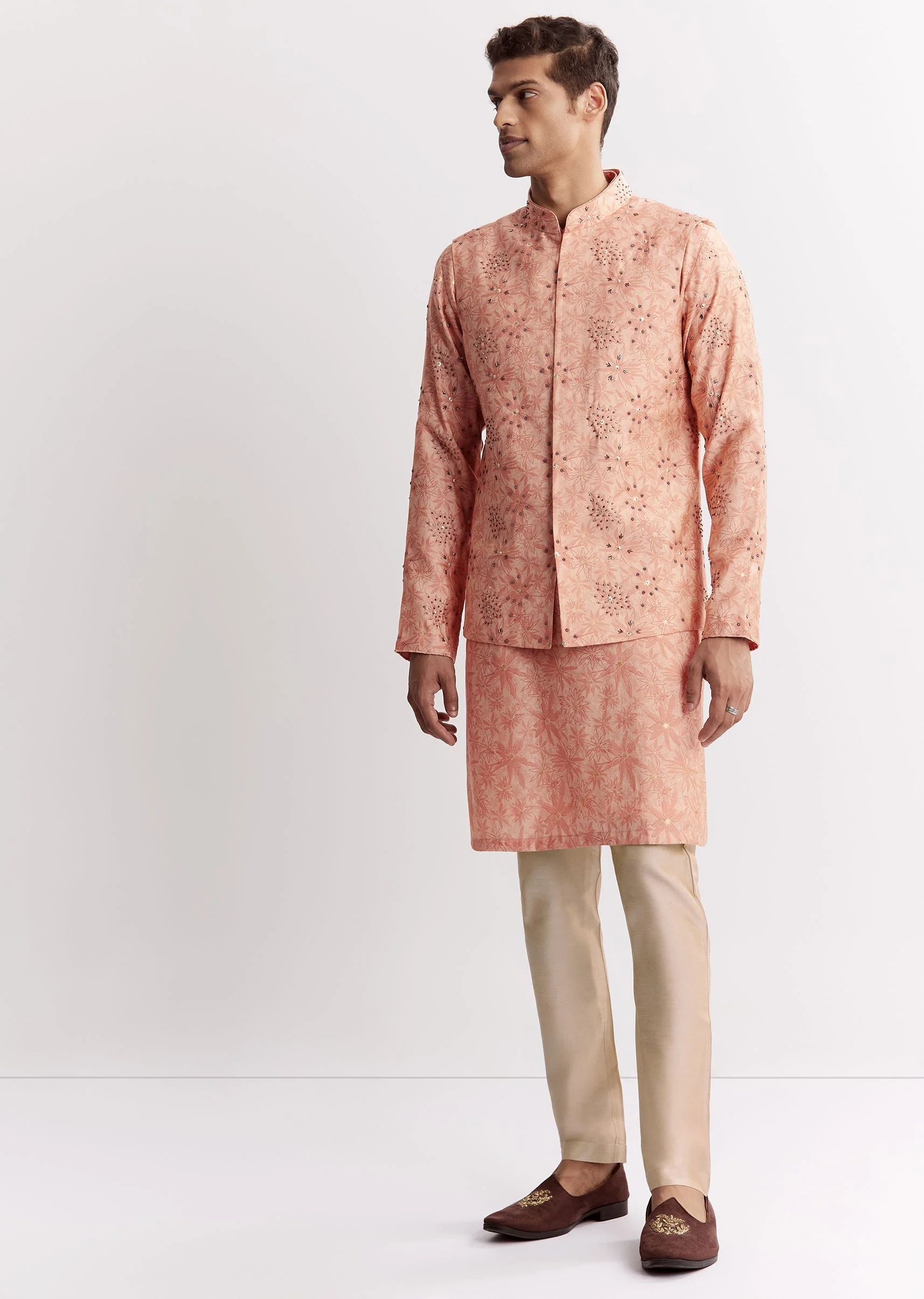 Blush Peach Silk Kurta Jacket Set With Sequins And Moti Detailing - Image 4