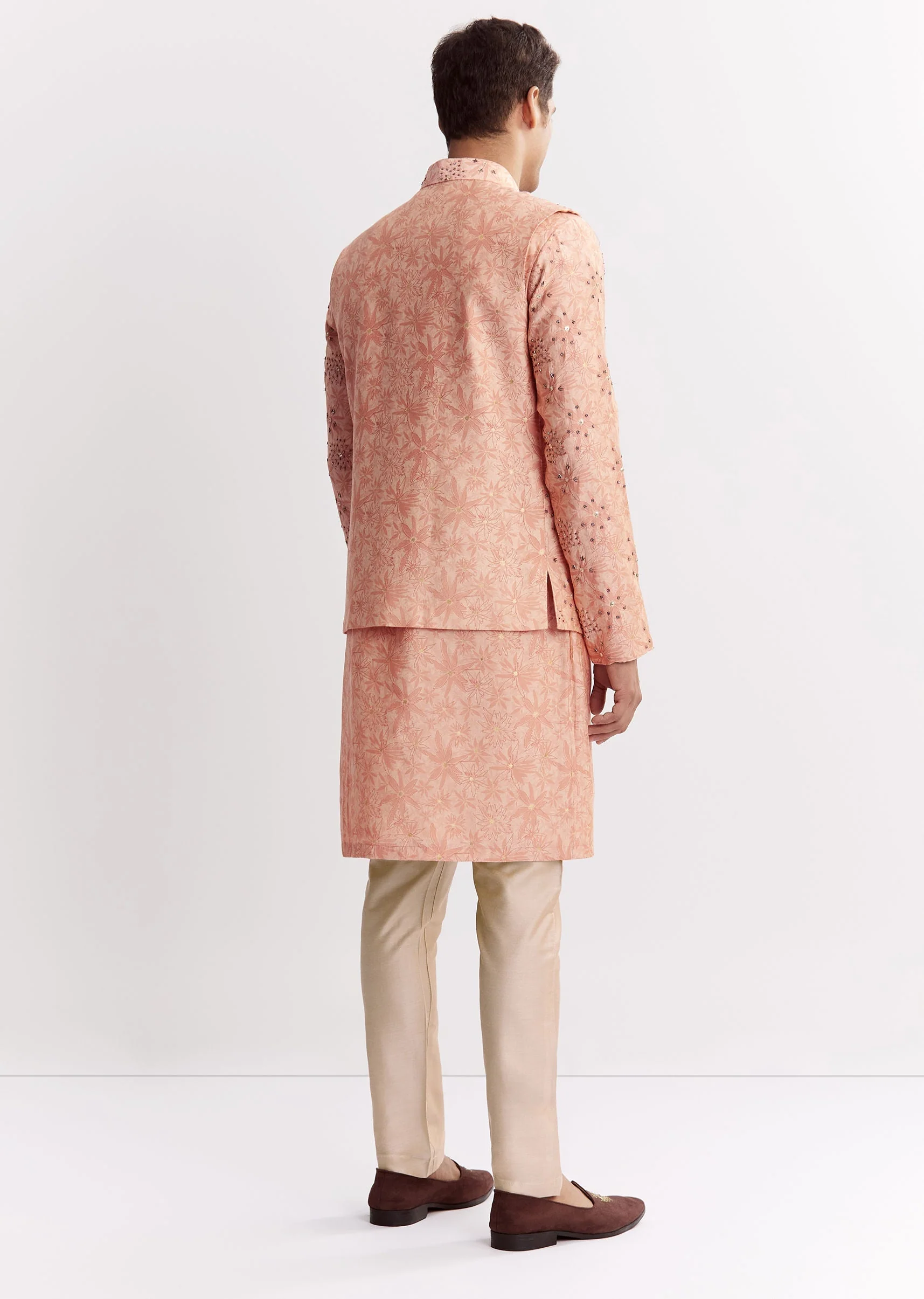 Blush Peach Silk Kurta Jacket Set With Sequins And Moti Detailing - Image 5