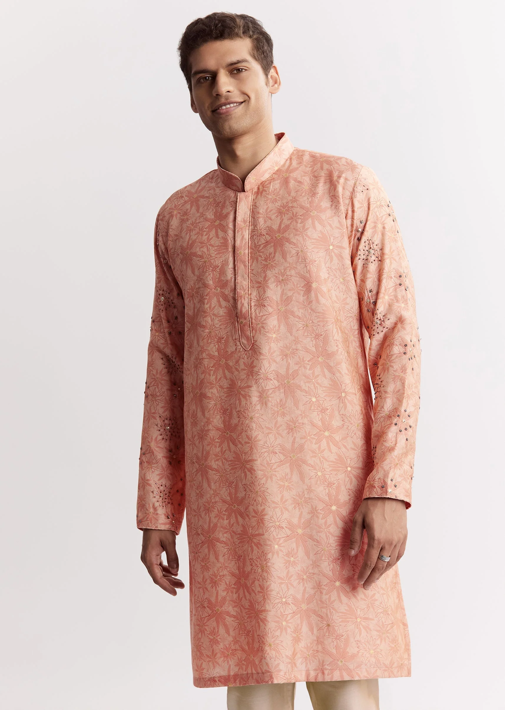 Blush Peach Silk Kurta Jacket Set With Sequins And Moti Detailing - Image 6