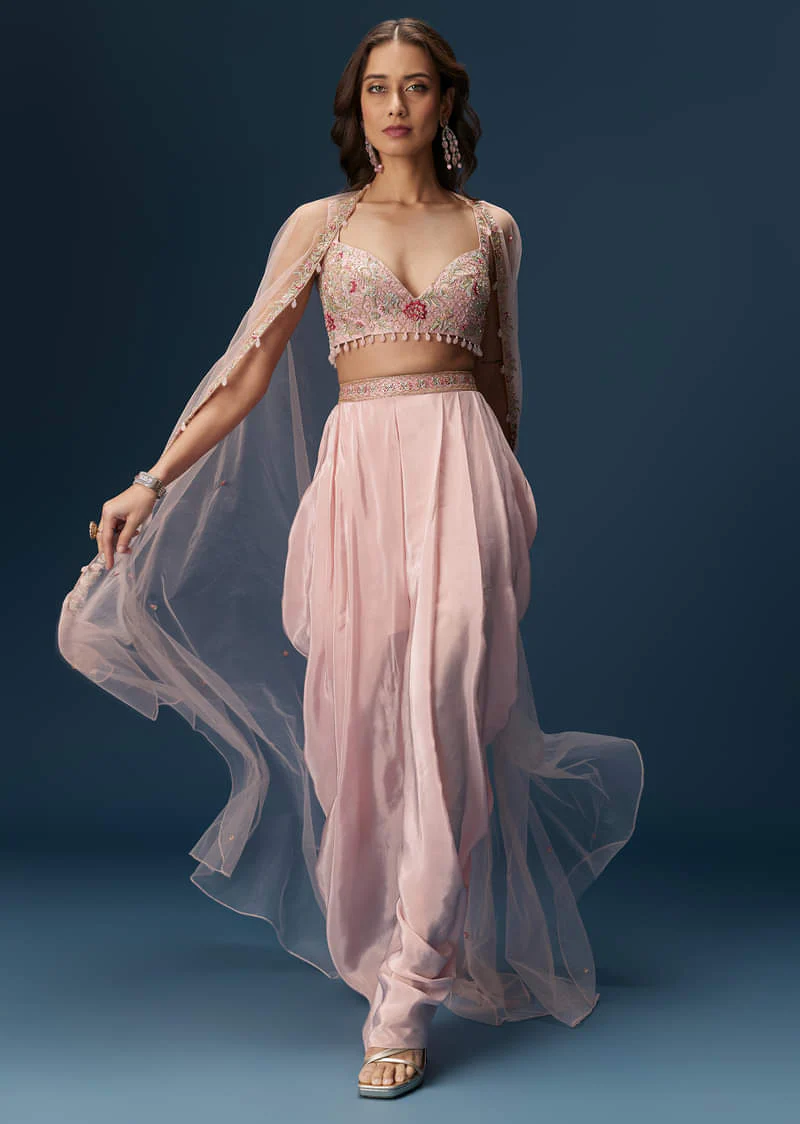 Blush Pink Dhoti Set With Embroidered Blouse And Soft Dupatta - Image 3