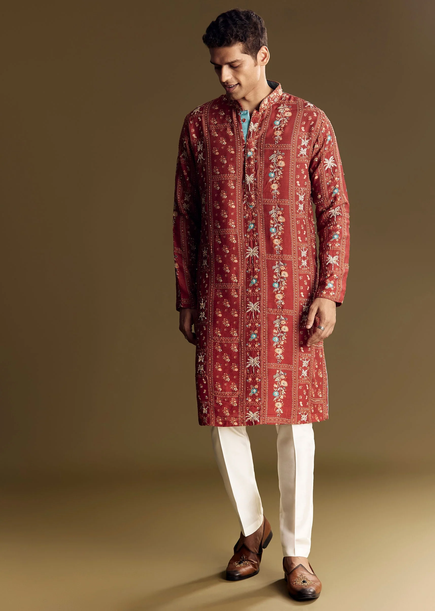 Bold Red Silk Kurta Set With Handcrafted Thread And Sequin Embellishments - Image 2