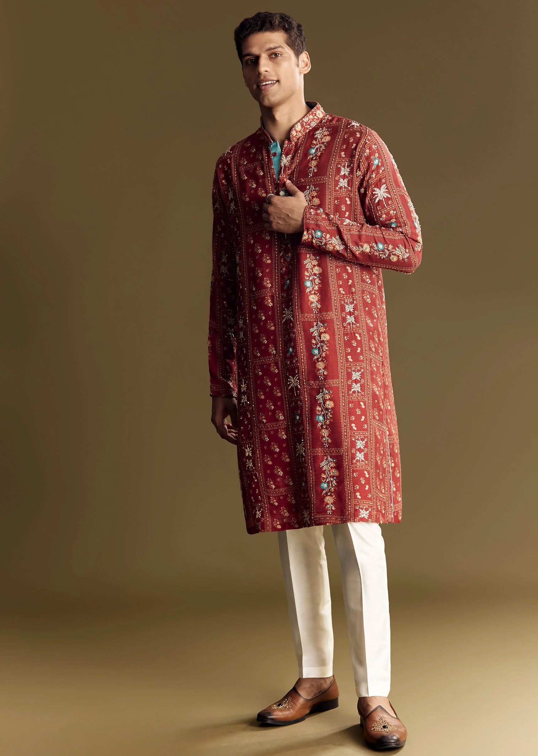 Bold Red Silk Kurta Set With Handcrafted Thread And Sequin Embellishments - Image 4
