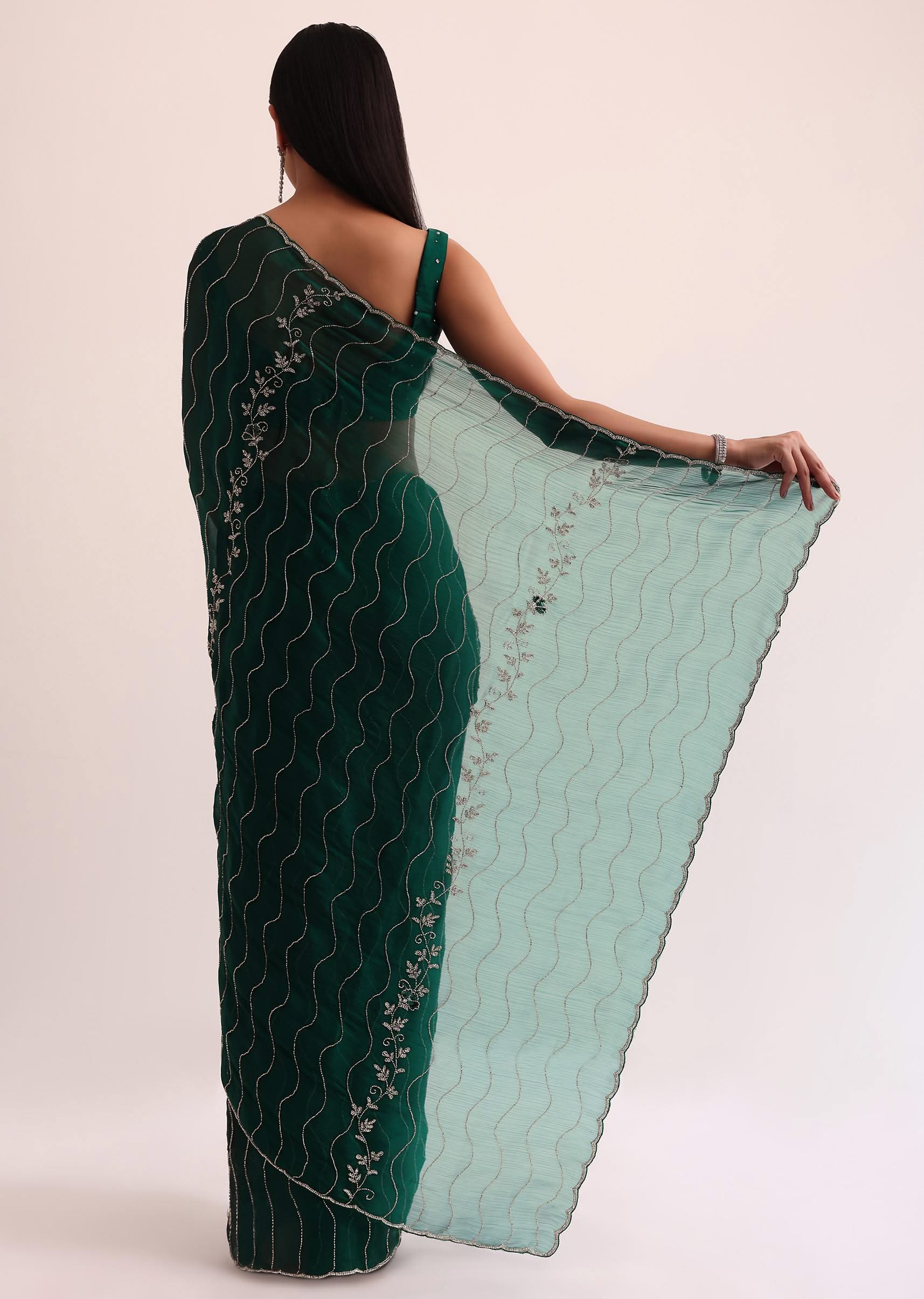 Bottle Green Chinon Saree With Cut Dana Embroidery And Unstitched Blouse - Image 4