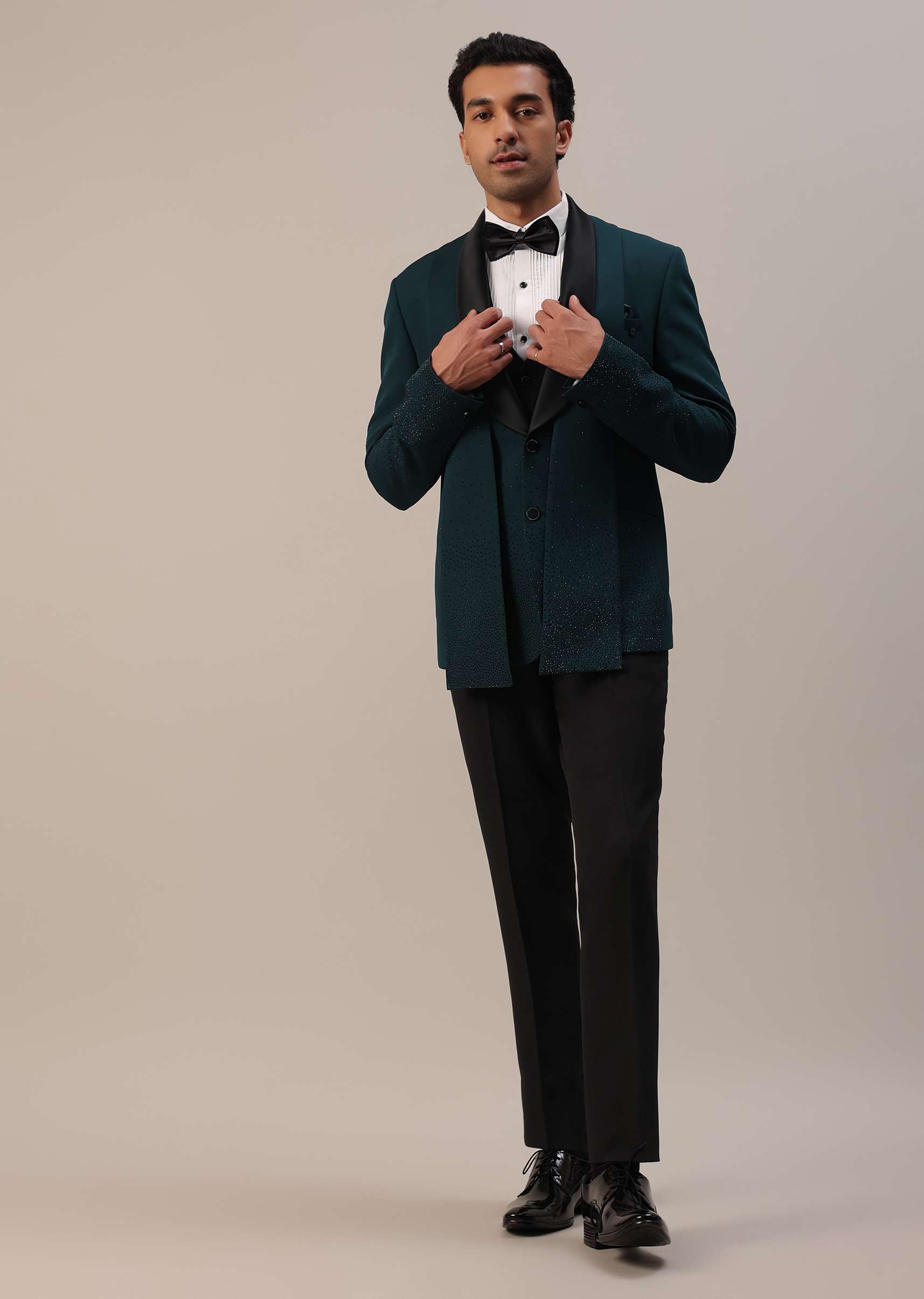 Bottle Green Crystal Studded Tuxedo Set In Polyester - Image 14