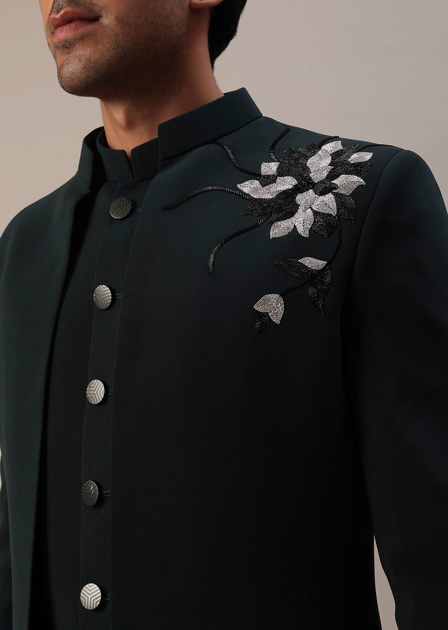 Bottle Green Embroidered Indowestern In Suiting Fabric - Image 10