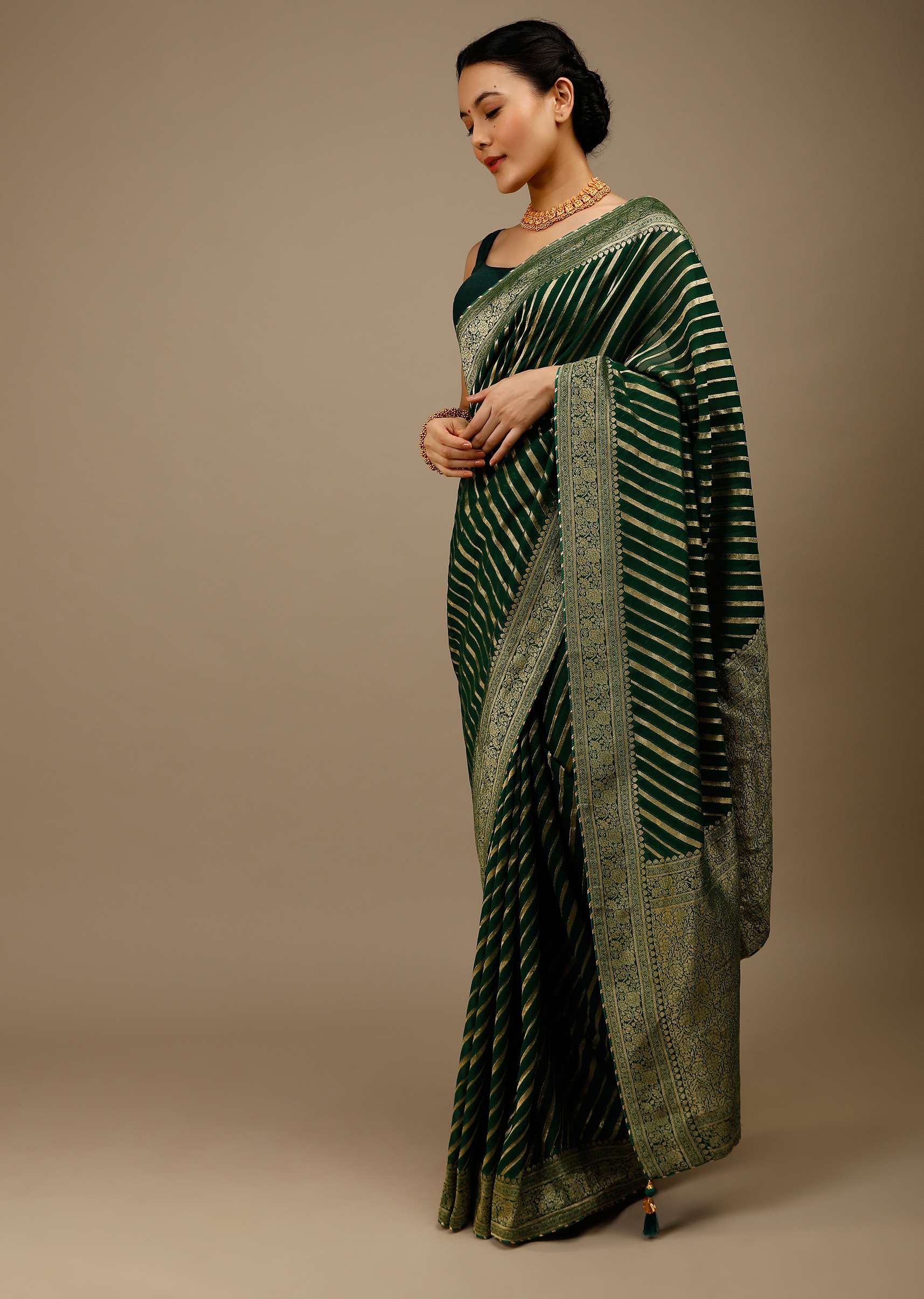 Bottle Green Saree In Georgette With Brocade Woven Diagonal Stripes And Floral Border - Image 3