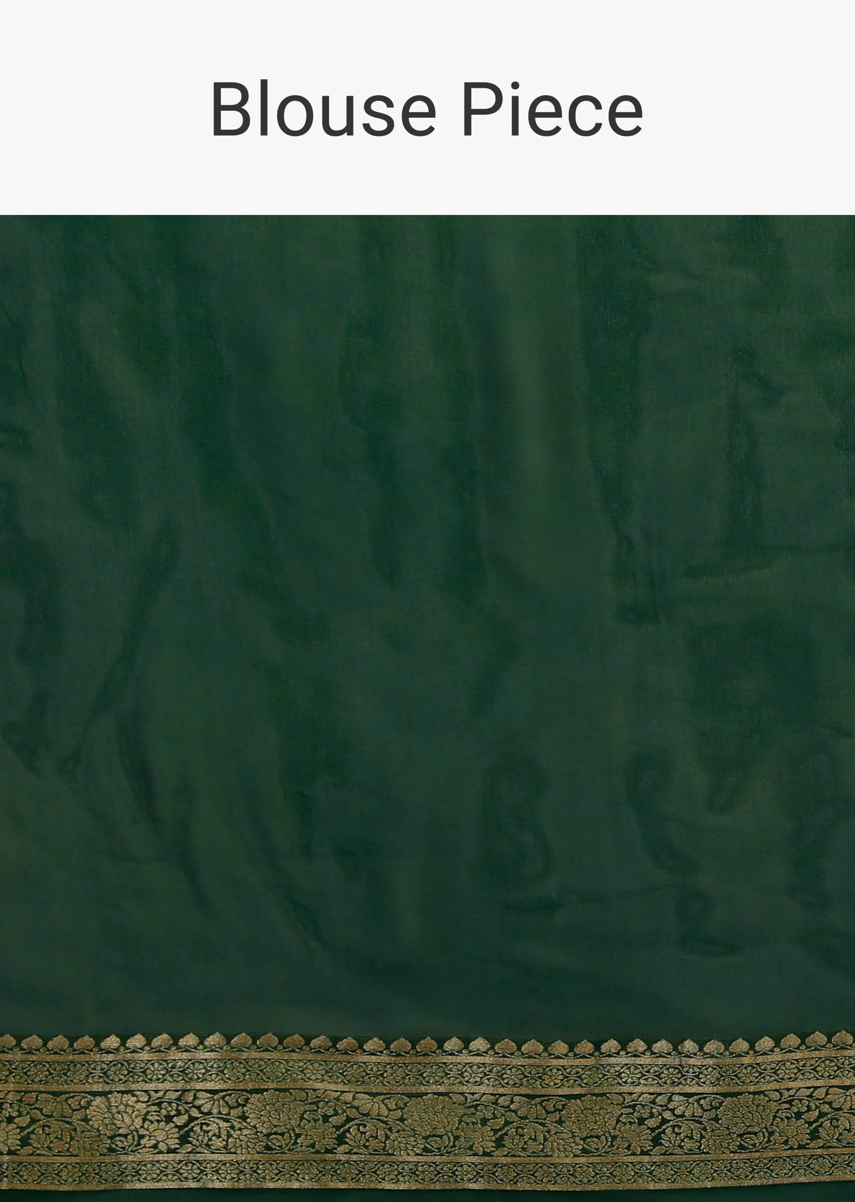 Bottle Green Saree In Georgette With Brocade Woven Diagonal Stripes And Floral Border - Image 7