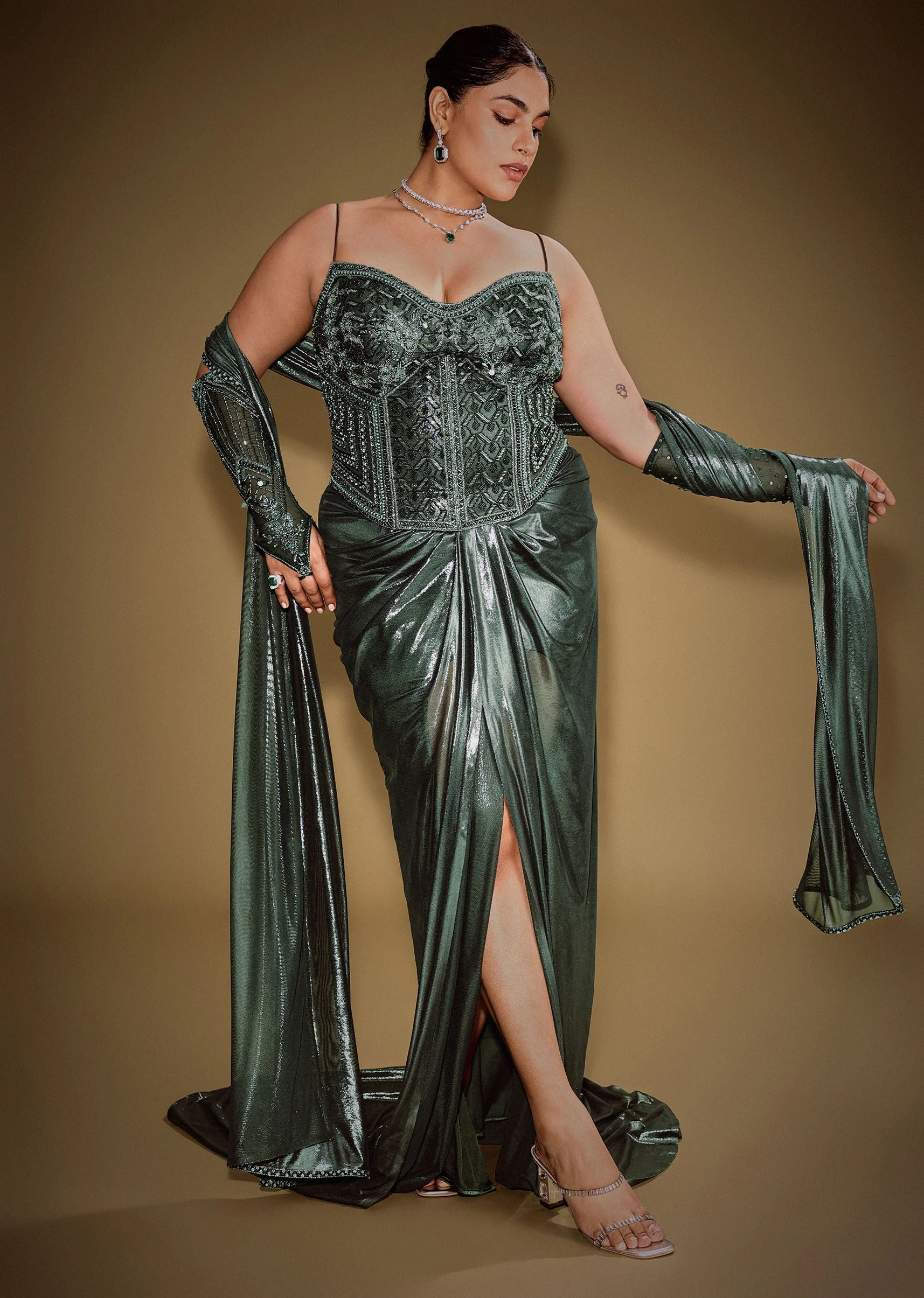 Bottle Green Shimmer Drape Skirt With Embroidered Corset And Dupatta - Image 5