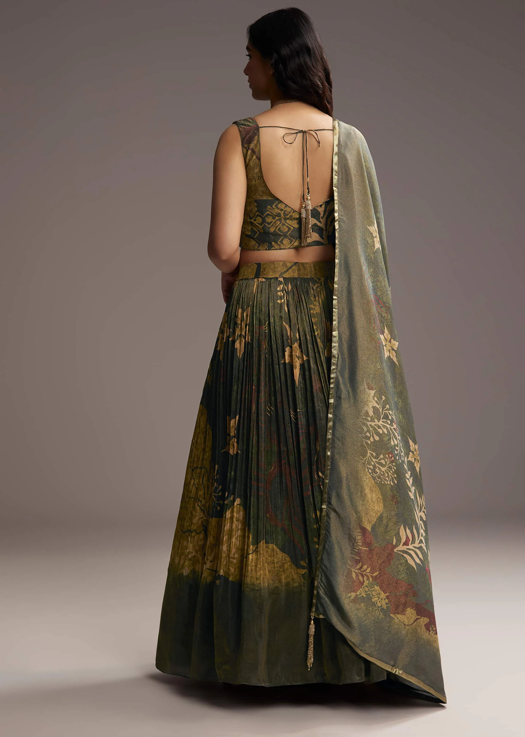 Bottle Green Tissue Lehenga Choli With Floral Print - Image 5