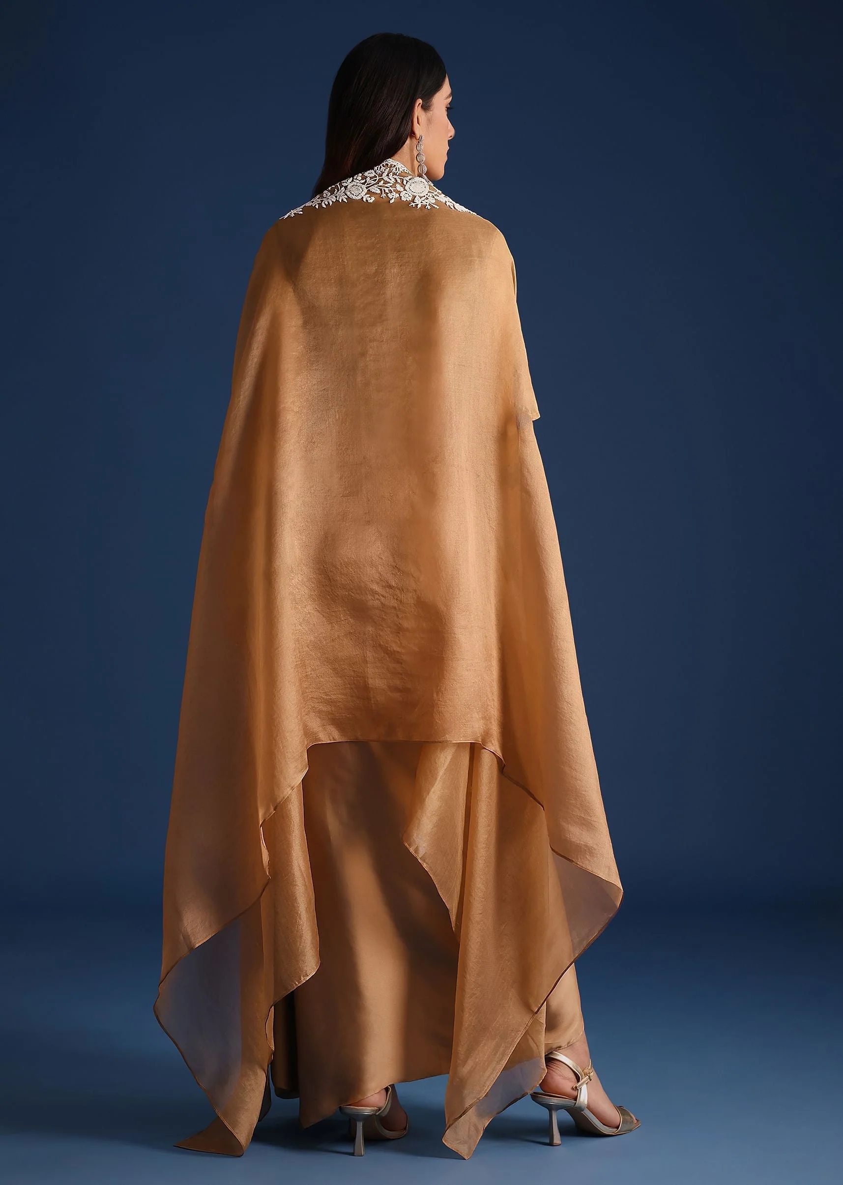 Brown Moti Work Jacket With Skirt And Crop Top - Image 5
