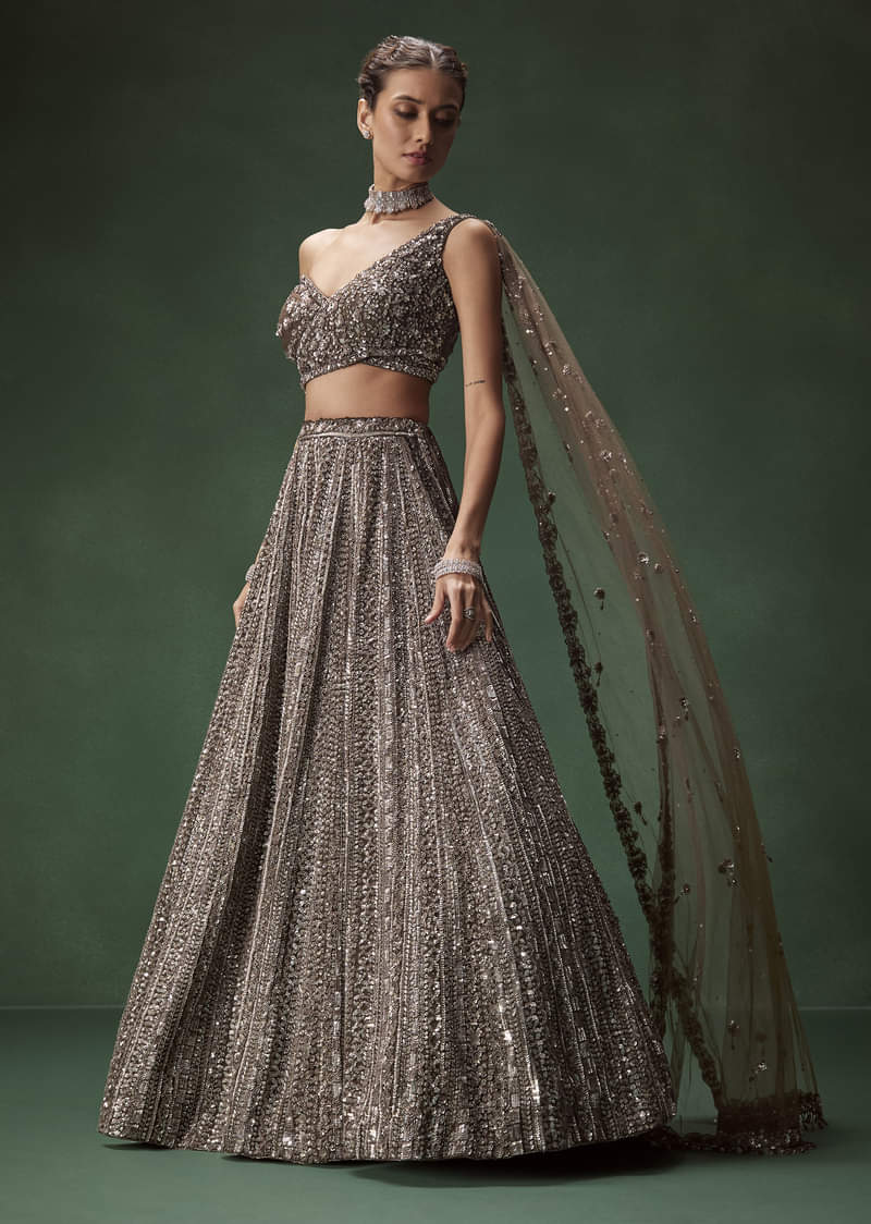 Brown One Shoulder Bridal Lehenga Set With All Over Sequins