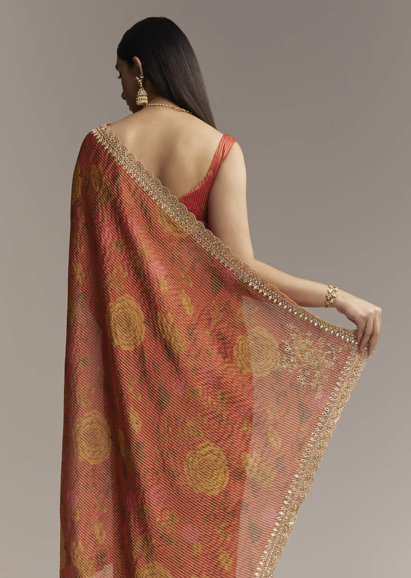 Brown Red Tissue Saree With Mirror And Zari Work - Image 6