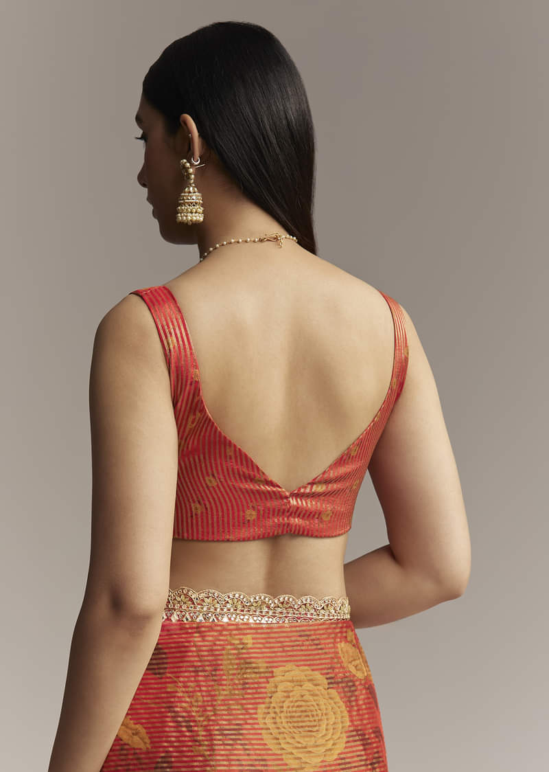 Brown Red Tissue Saree With Mirror And Zari Work - Image 8