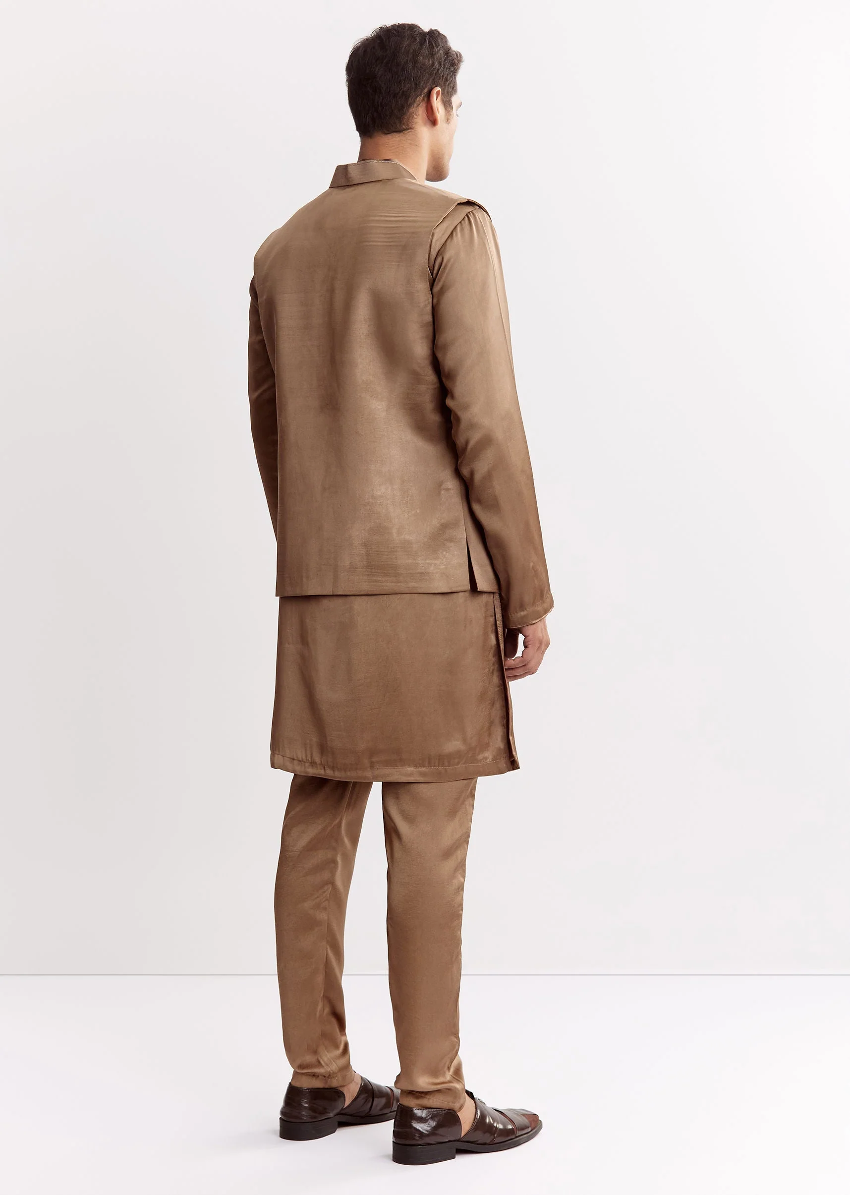 Brown Satin Jacket Kurta Set With Metal Accents - Image 5