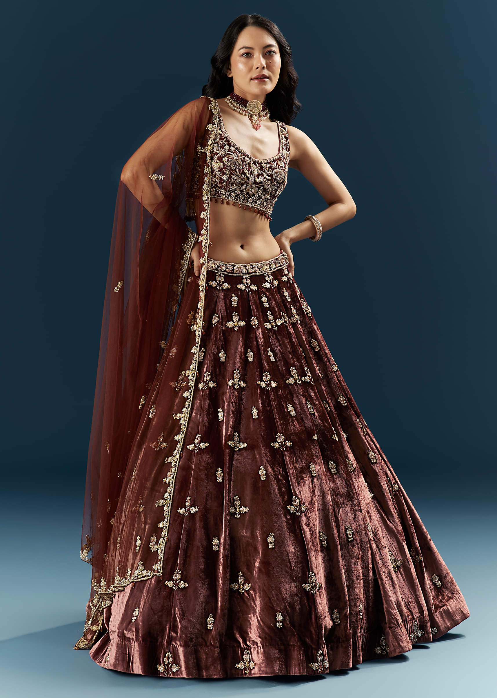 Brown Velvet Bridal Lehenga With Rose Gold Embroidery - Image 4