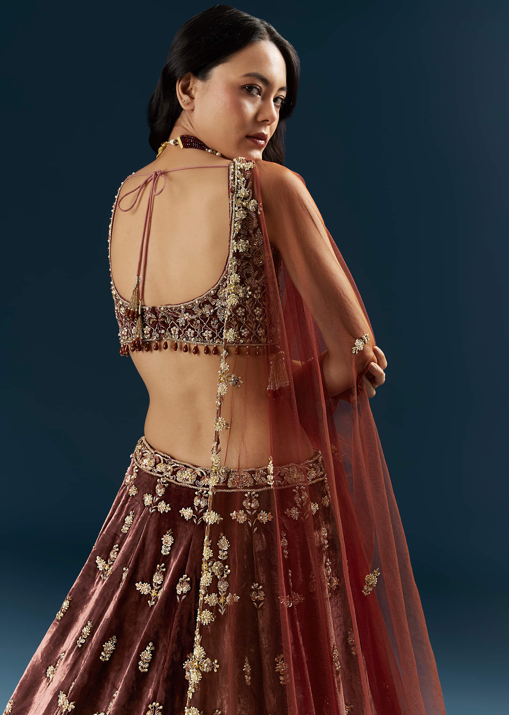 Brown Velvet Bridal Lehenga With Rose Gold Embroidery - Image 6