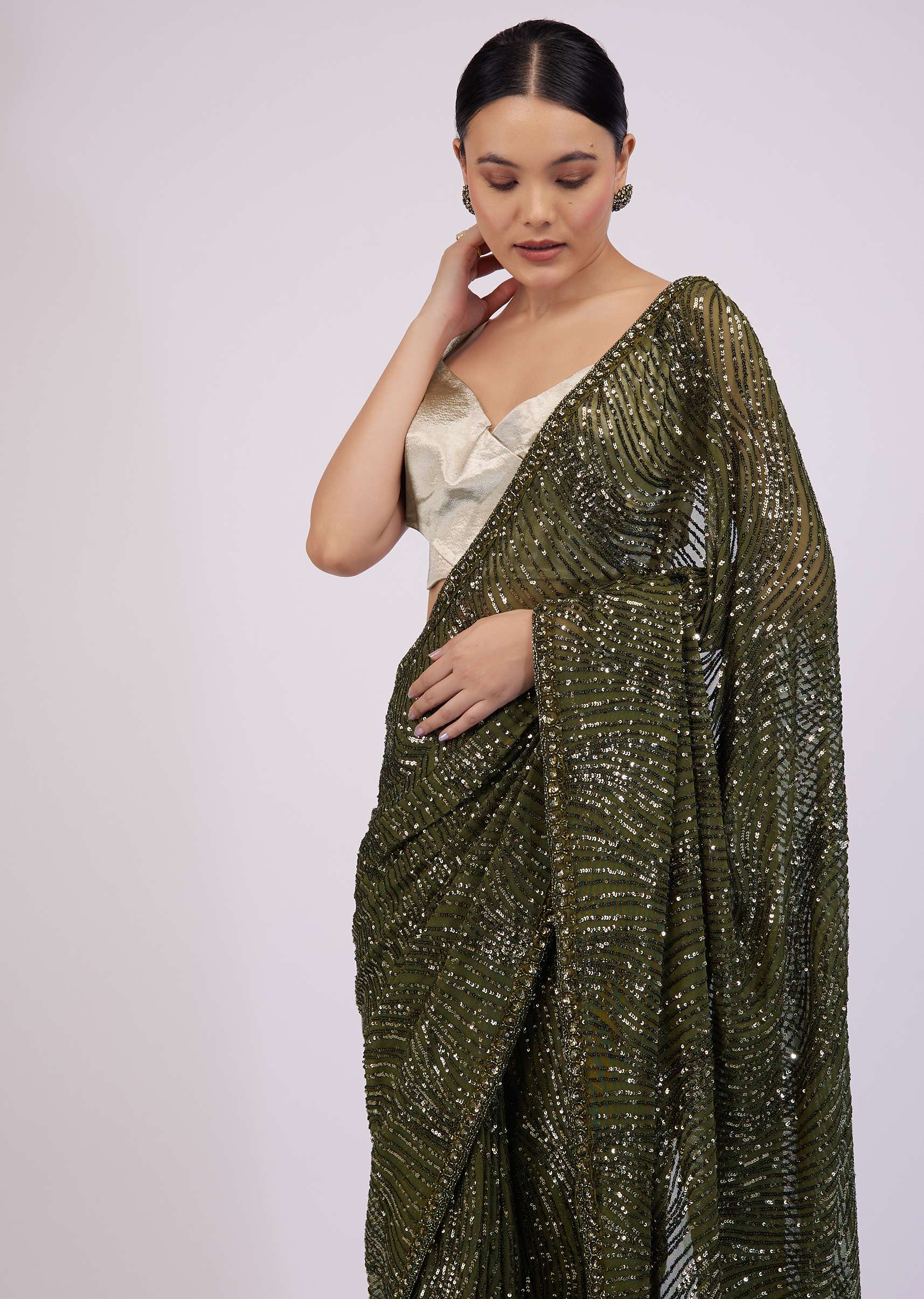 Capulet Olive Green Saree In Sequins With Embroidery - Image 4