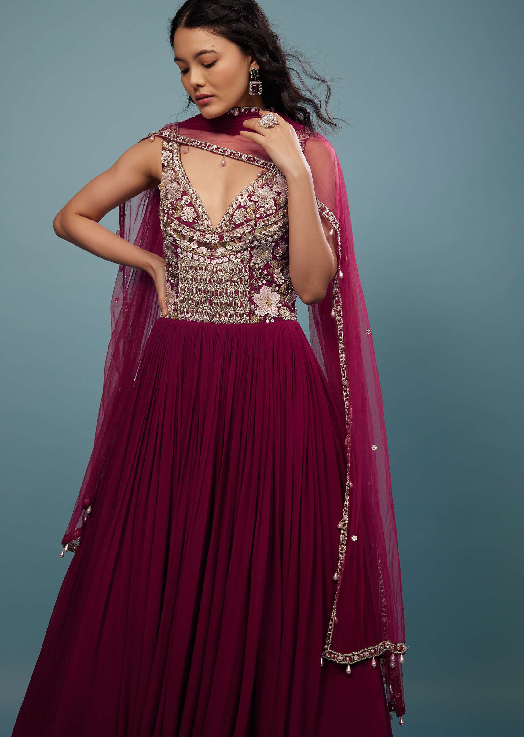 Wine Red Embroidered Anarkali Suit In Viscose Georgette - Image 6