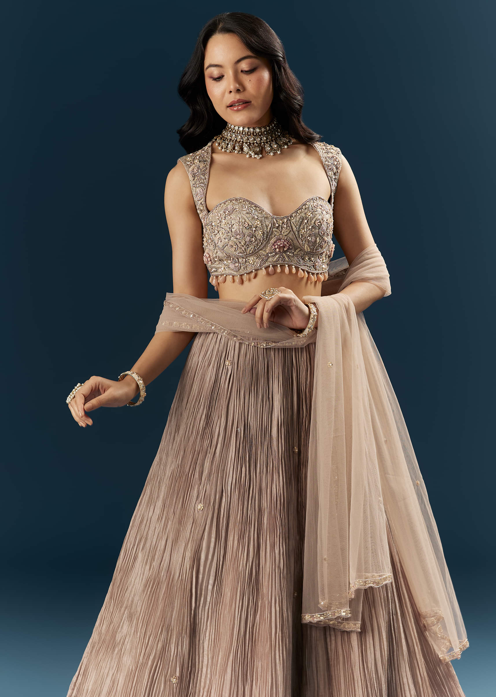 Champagne Gold Organza Bridesmaid Lehenga With Heavy Embroidery - Image 5