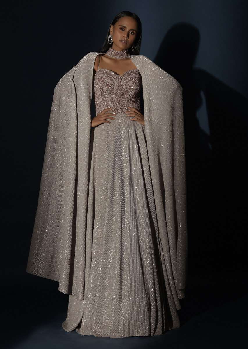 Champagne Gown With Embellished Sweetheart Cut Bodice And Spaghetti Straps Online - Kalki Fashion - Image 10