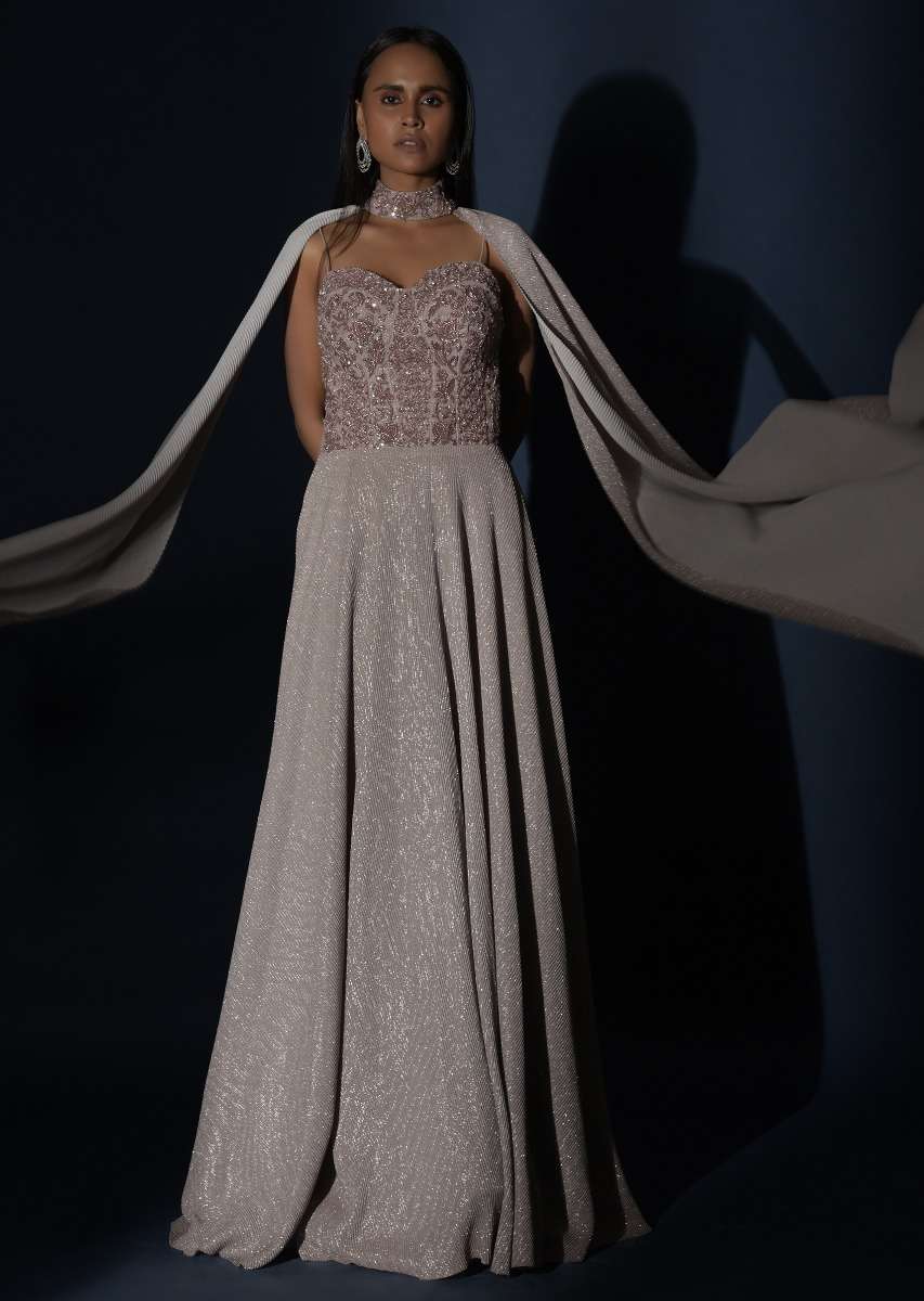 Champagne Gown With Embellished Sweetheart Cut Bodice And Spaghetti Straps Online - Kalki Fashion - Image 11