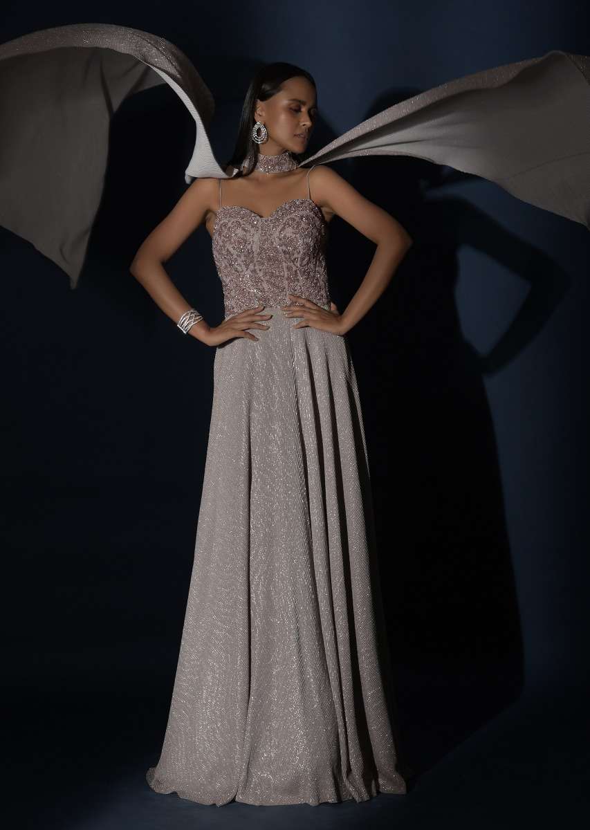 Champagne Gown With Embellished Sweetheart Cut Bodice And Spaghetti Straps Online - Kalki Fashion - Image 12