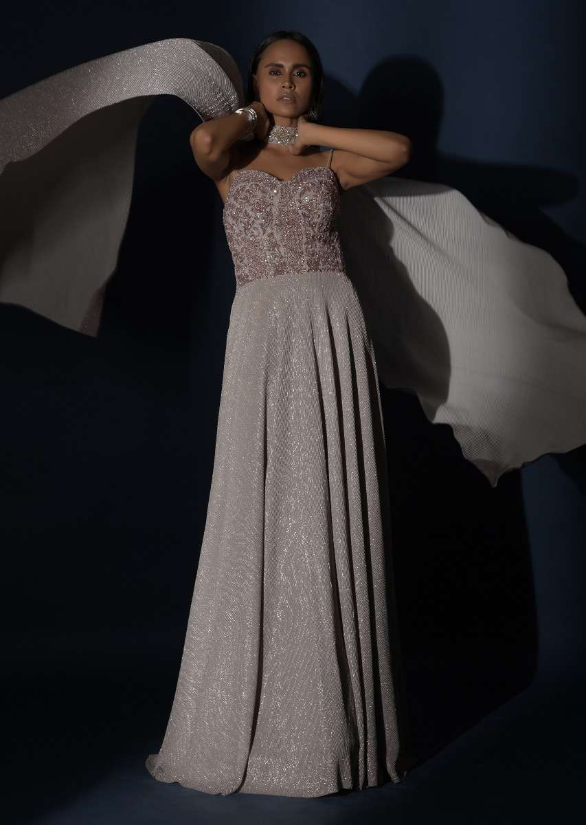 Champagne Gown With Embellished Sweetheart Cut Bodice And Spaghetti Straps Online - Kalki Fashion - Image 13
