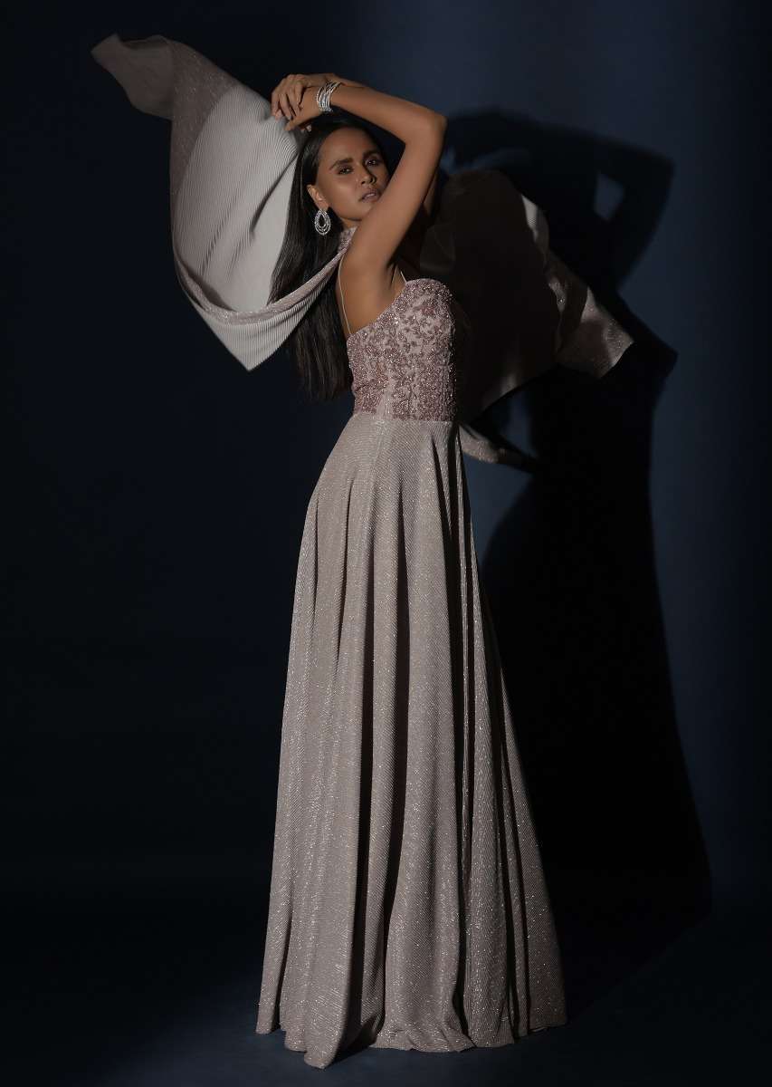 Champagne Gown With Embellished Sweetheart Cut Bodice And Spaghetti Straps Online - Kalki Fashion - Image 14
