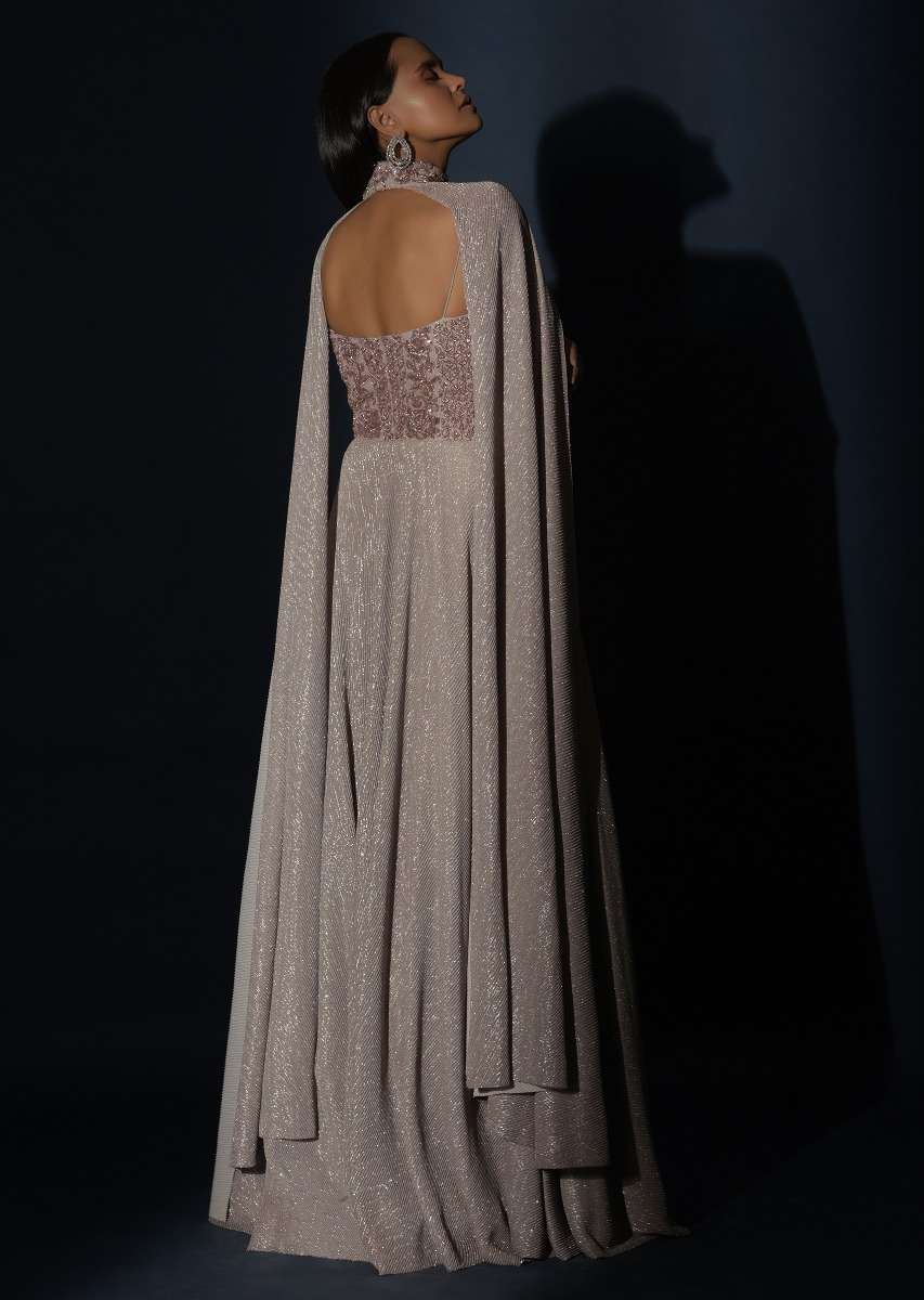 Champagne Gown With Embellished Sweetheart Cut Bodice And Spaghetti Straps Online - Kalki Fashion - Image 15