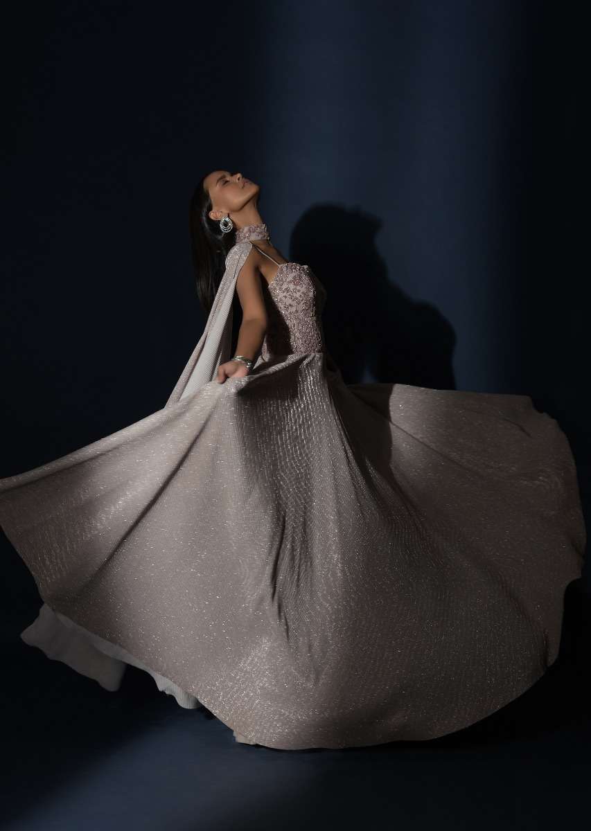 Champagne Gown With Embellished Sweetheart Cut Bodice And Spaghetti Straps Online - Kalki Fashion - Image 17