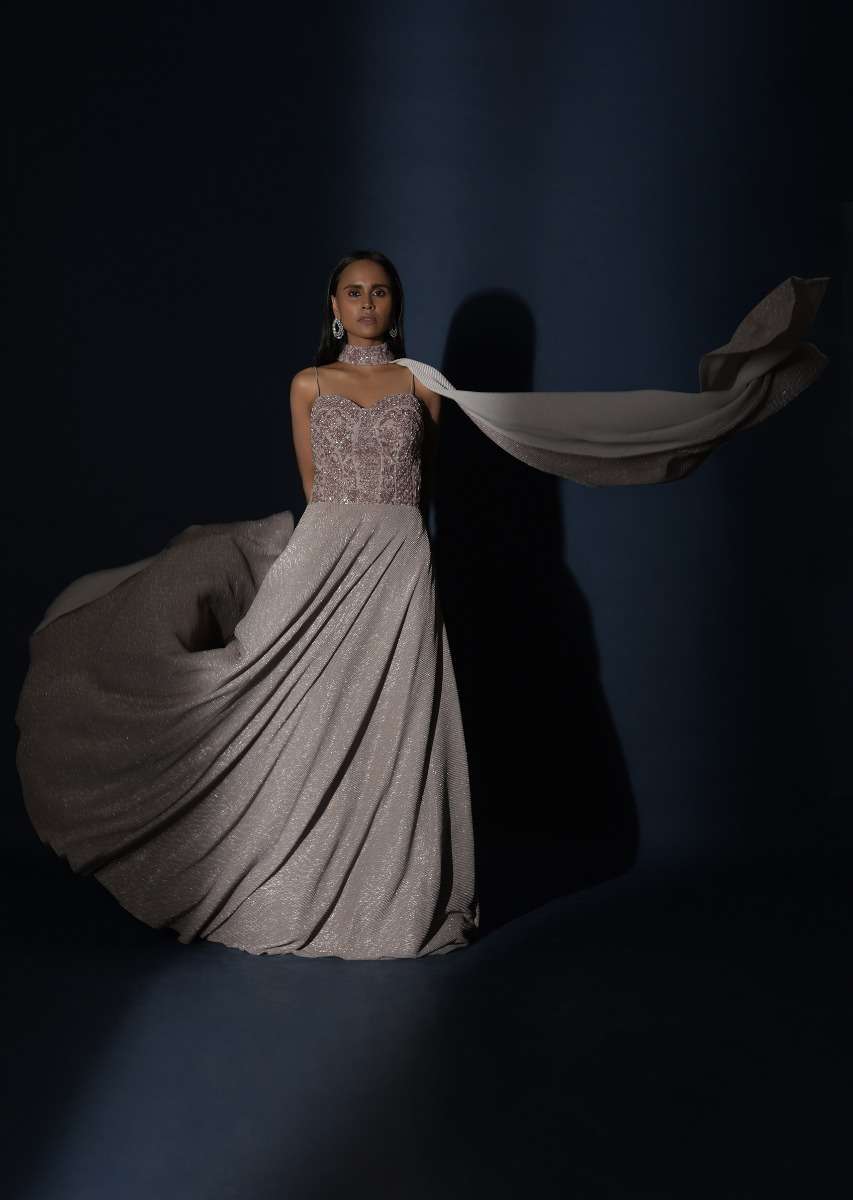 Champagne Gown With Embellished Sweetheart Cut Bodice And Spaghetti Straps Online - Kalki Fashion - Image 18
