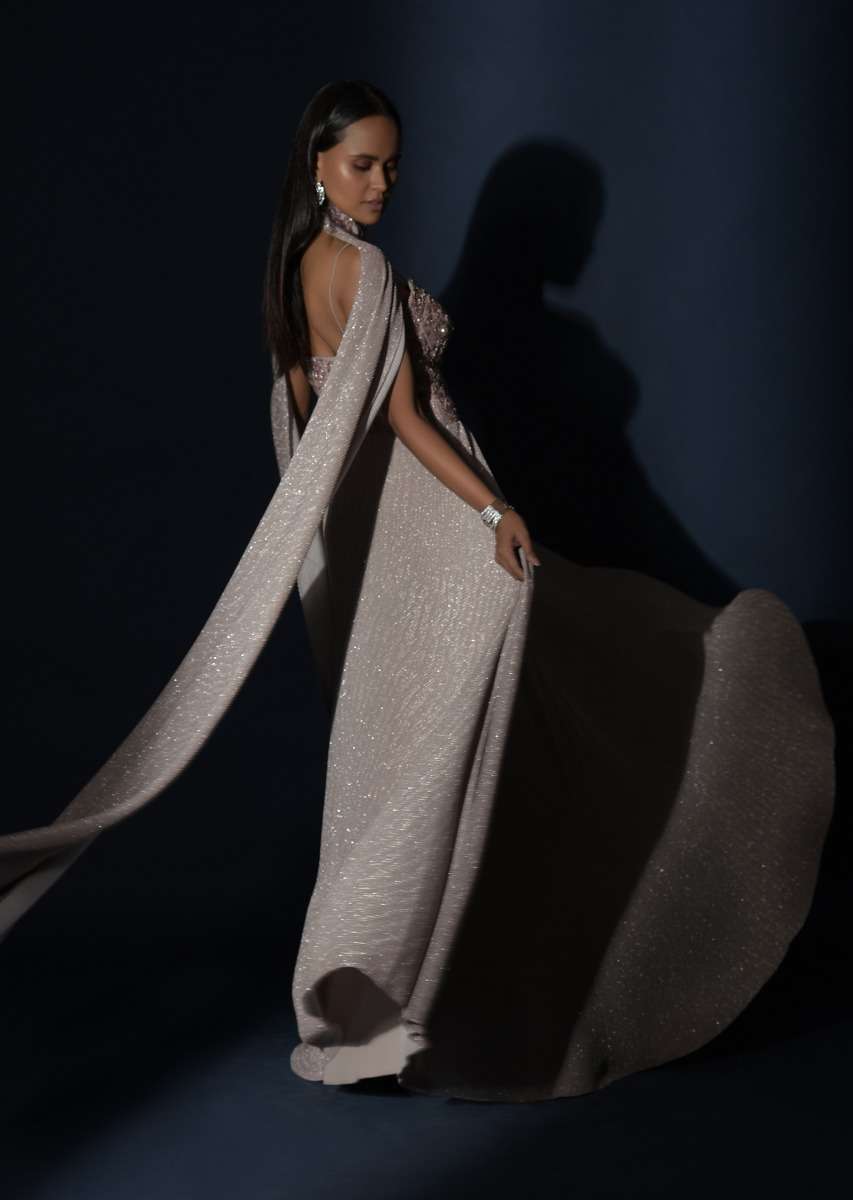 Champagne Gown With Embellished Sweetheart Cut Bodice And Spaghetti Straps Online - Kalki Fashion - Image 19