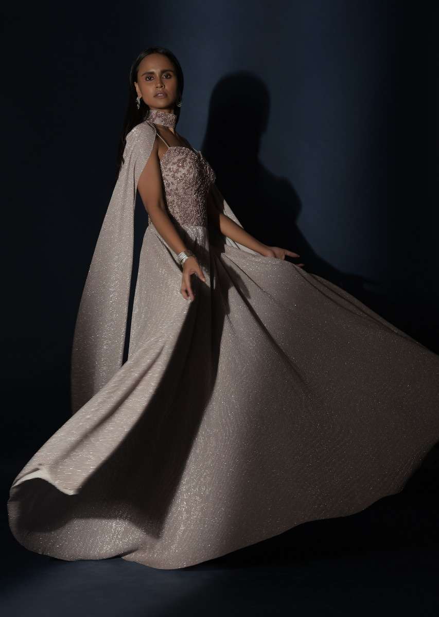 Champagne Gown With Embellished Sweetheart Cut Bodice And Spaghetti Straps Online - Kalki Fashion - Image 20
