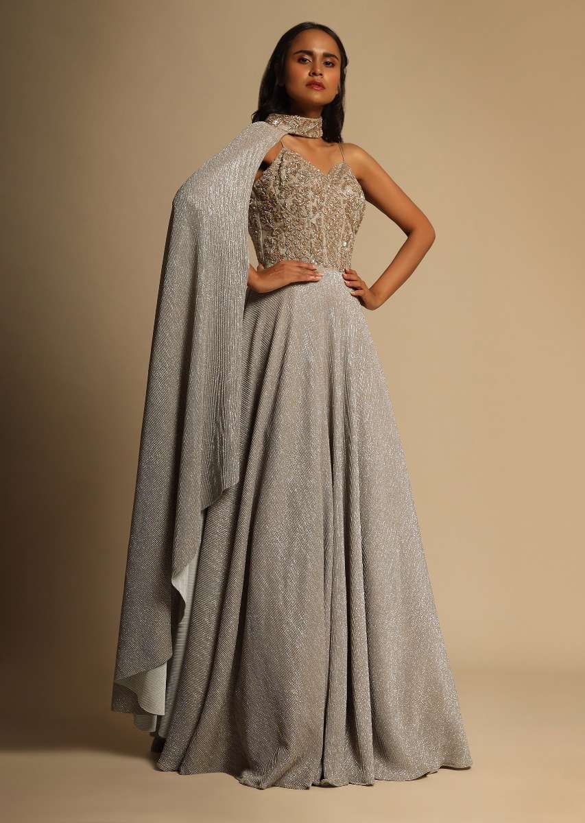 Champagne Gown With Embellished Sweetheart Cut Bodice And Spaghetti Straps Online - Kalki Fashion - Image 3
