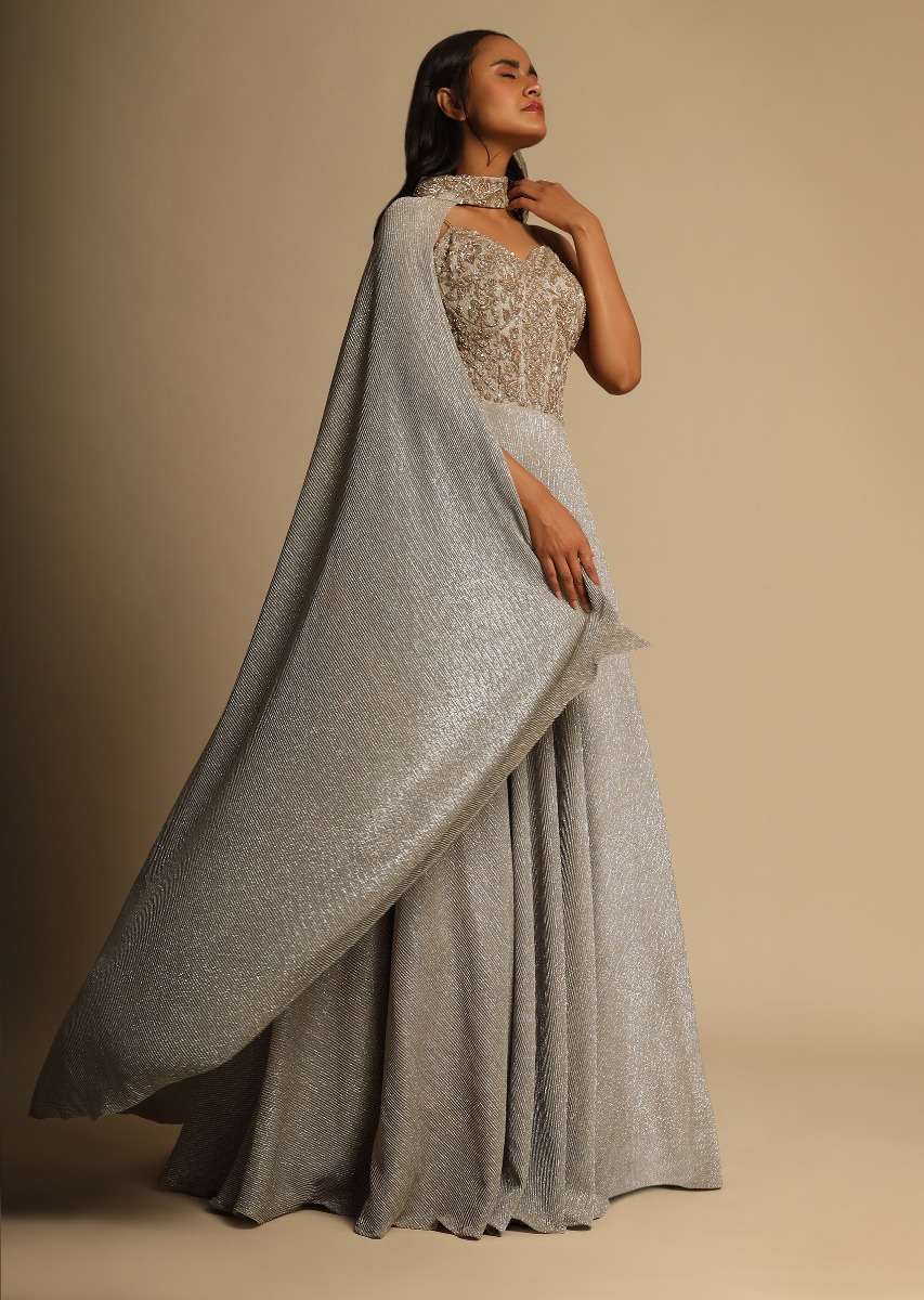 Champagne Gown With Embellished Sweetheart Cut Bodice And Spaghetti Straps Online - Kalki Fashion - Image 4