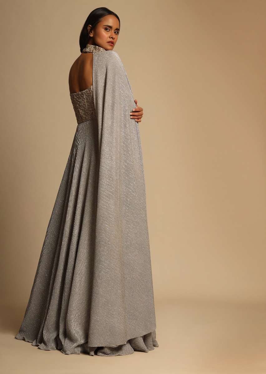 Champagne Gown With Embellished Sweetheart Cut Bodice And Spaghetti Straps Online - Kalki Fashion - Image 5