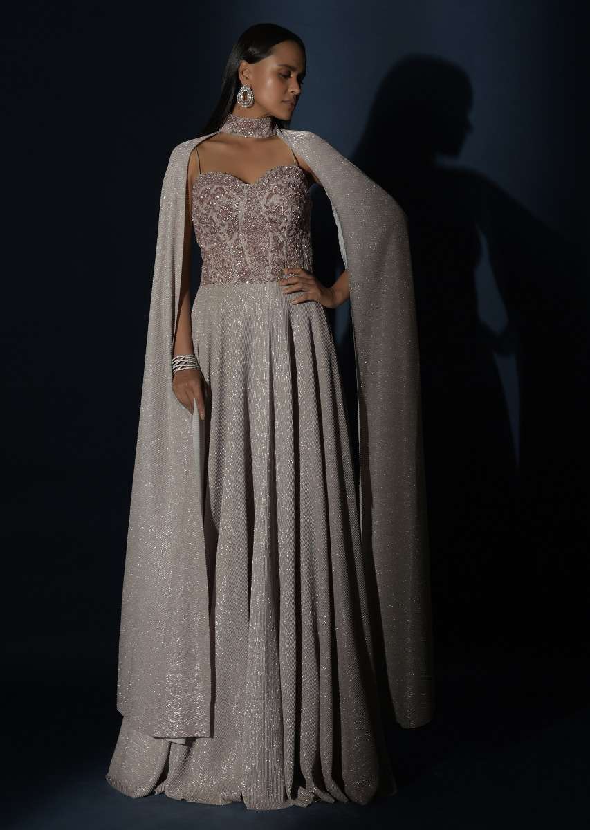 Champagne Gown With Embellished Sweetheart Cut Bodice And Spaghetti Straps Online - Kalki Fashion - Image 6