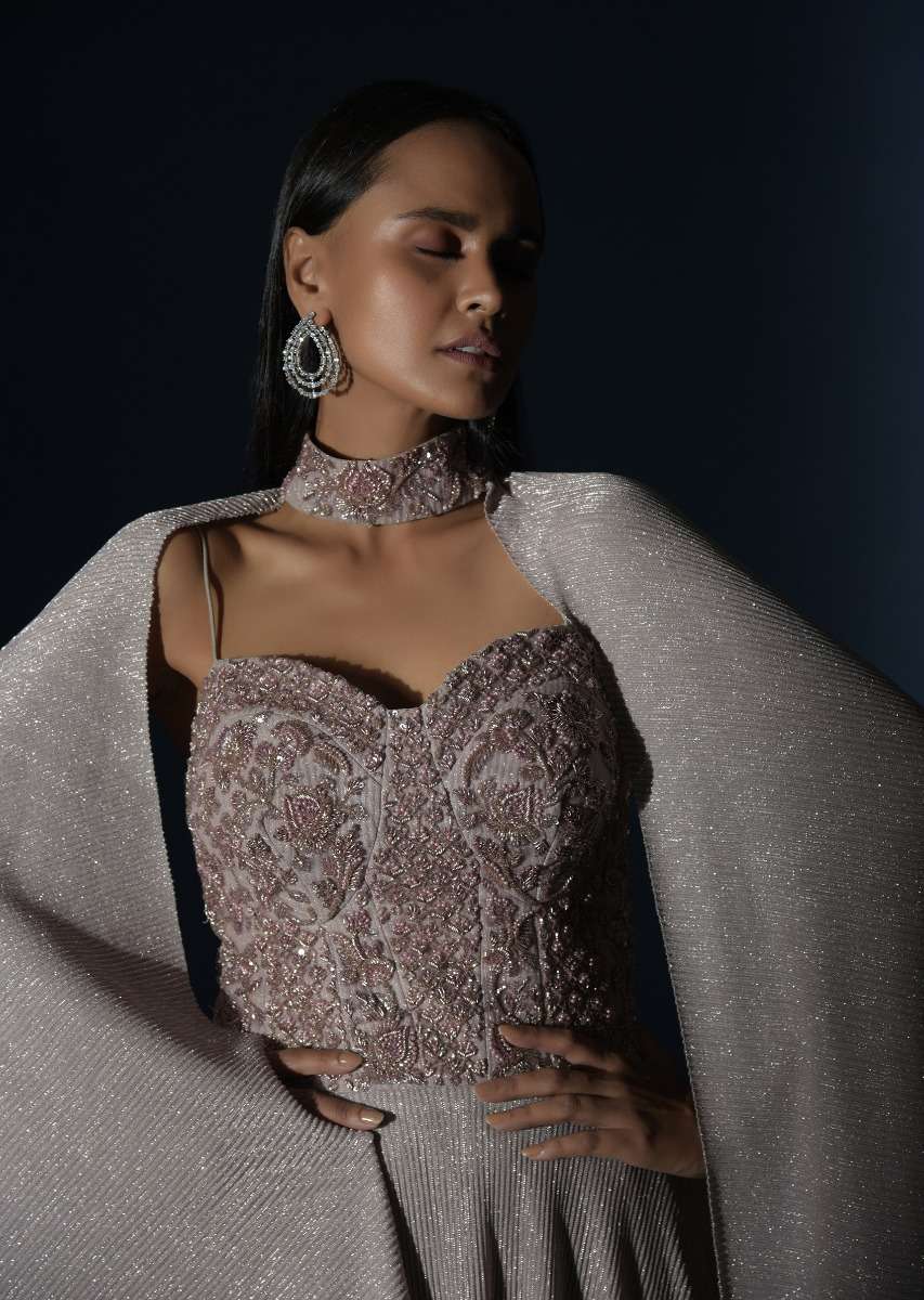 Champagne Gown With Embellished Sweetheart Cut Bodice And Spaghetti Straps Online - Kalki Fashion - Image 7