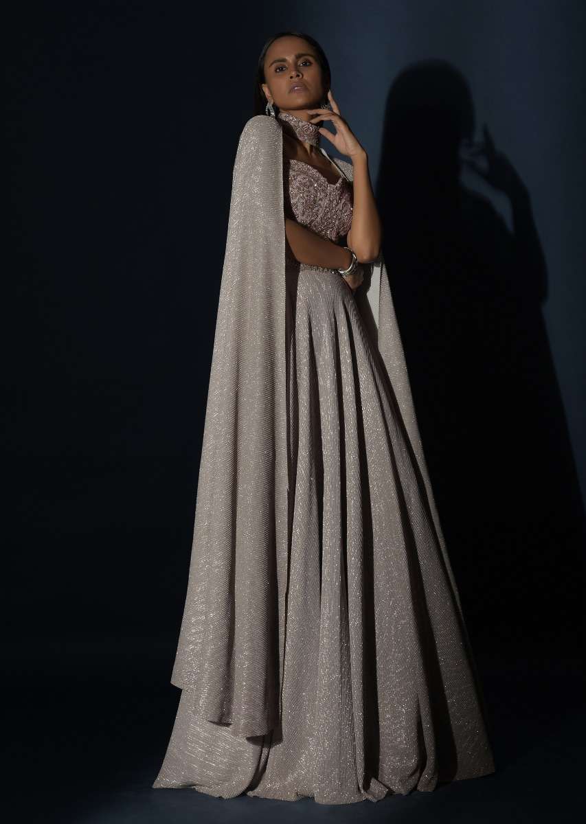 Champagne Gown With Embellished Sweetheart Cut Bodice And Spaghetti Straps Online - Kalki Fashion - Image 8