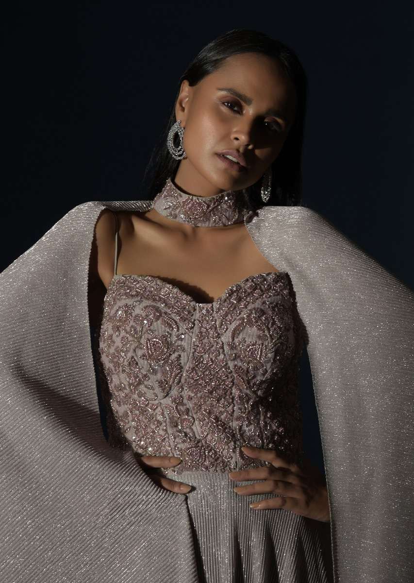 Champagne Gown With Embellished Sweetheart Cut Bodice And Spaghetti Straps Online - Kalki Fashion - Image 9
