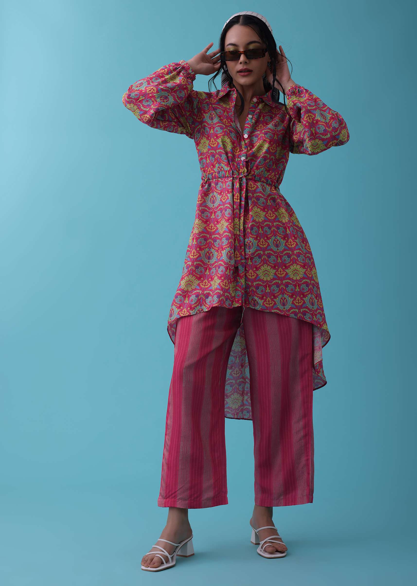 Cherry Pink Floral Printed Co-ord Set In Tussar - RE By Kalki - Image 3
