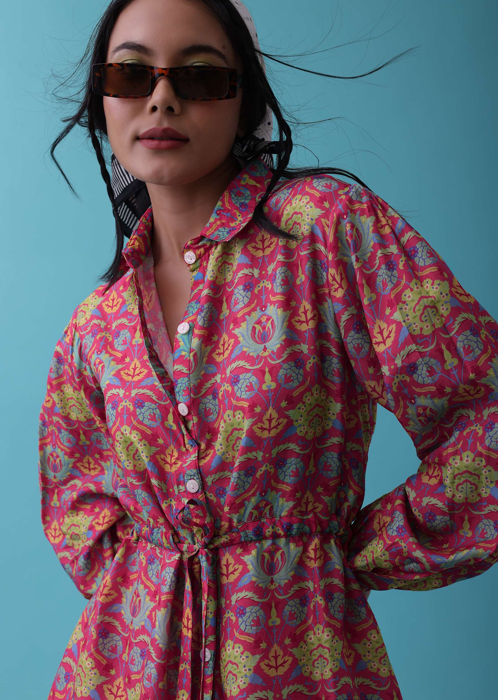 Cherry Pink Floral Printed Co-ord Set In Tussar - RE By Kalki - Image 4