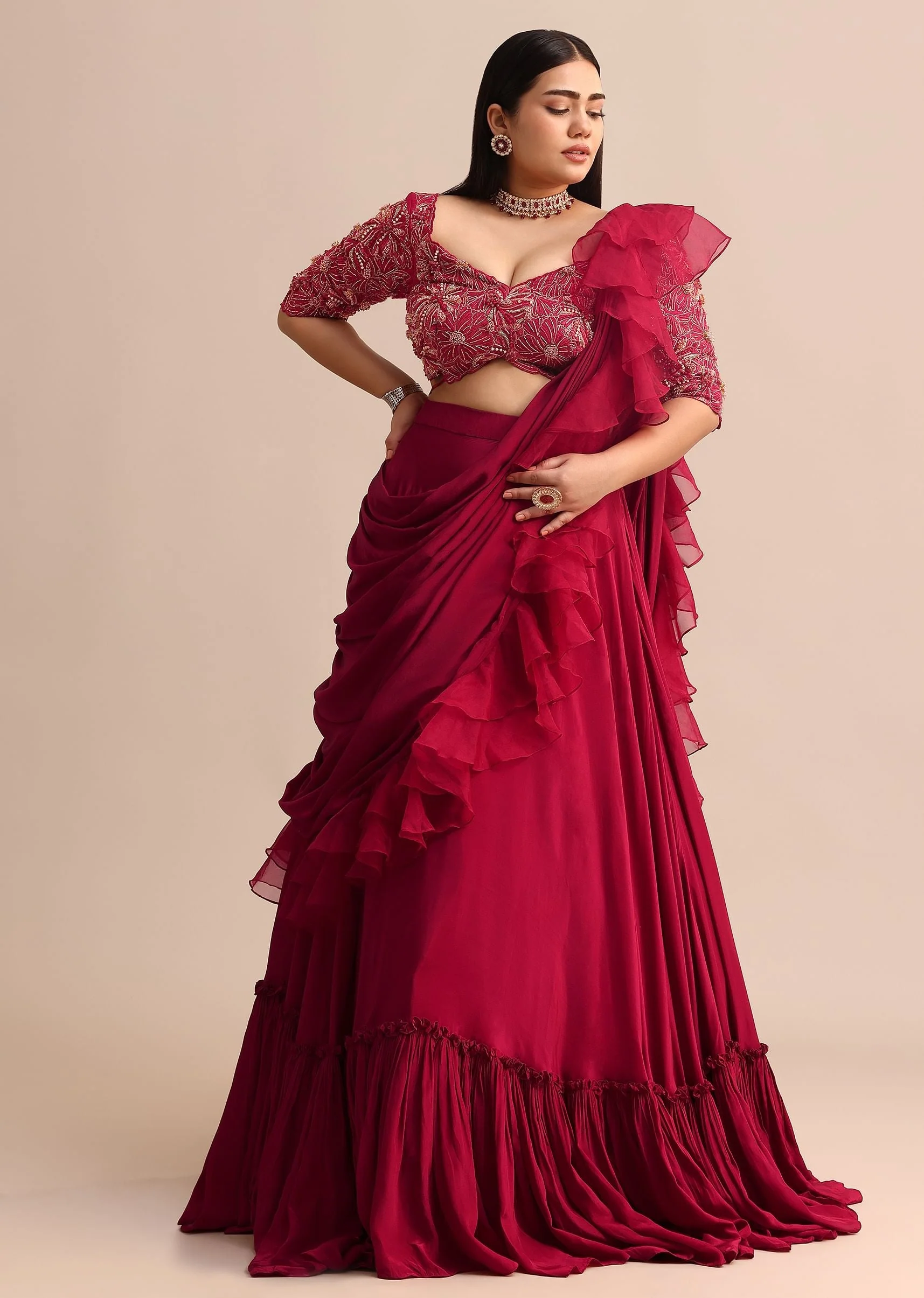 Cherry Red Lehenga With Ruffle Drape - Image 3