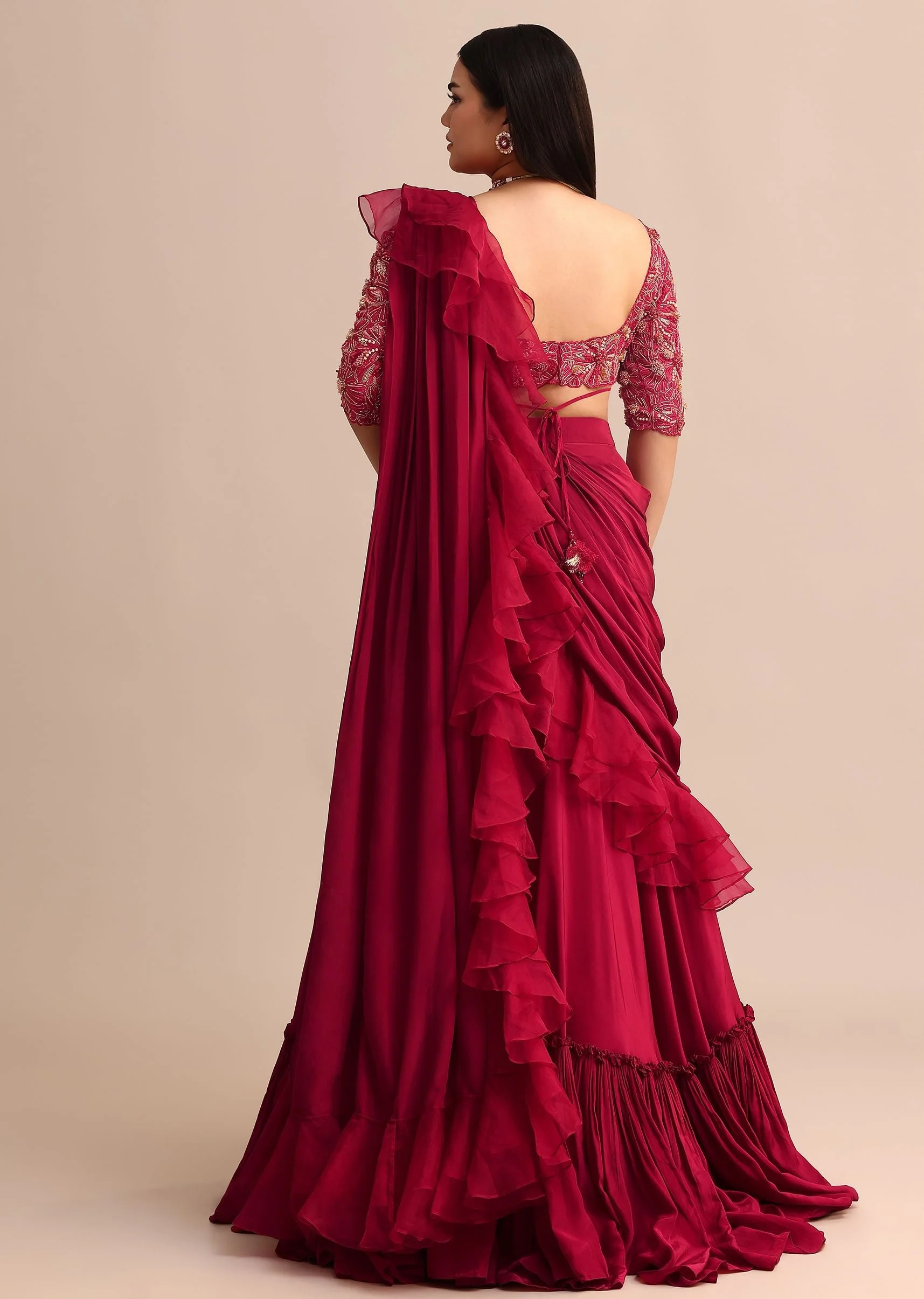 Cherry Red Lehenga With Ruffle Drape - Image 5