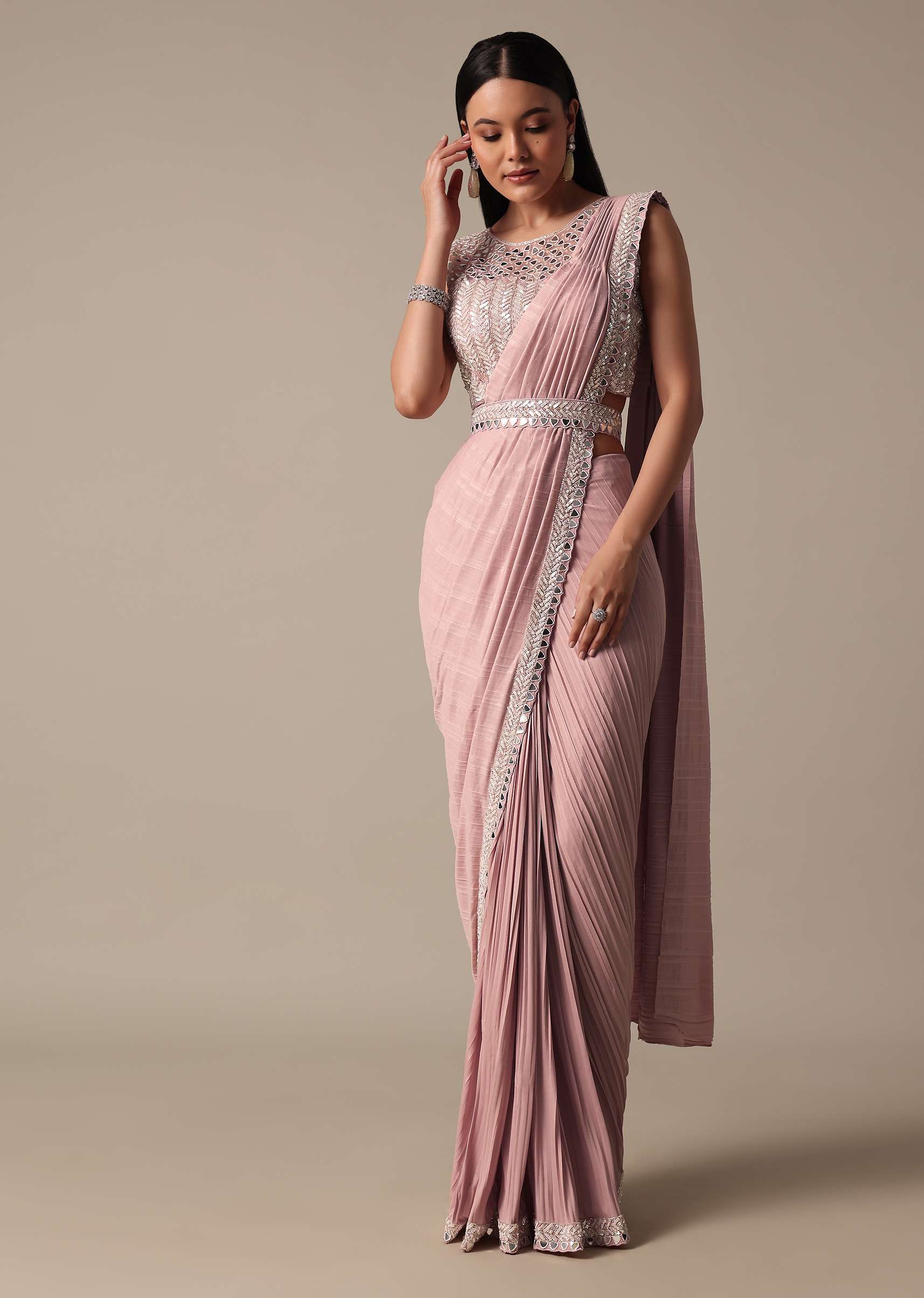 Chic Pink Saree With Ready Made Blouse - Image 3