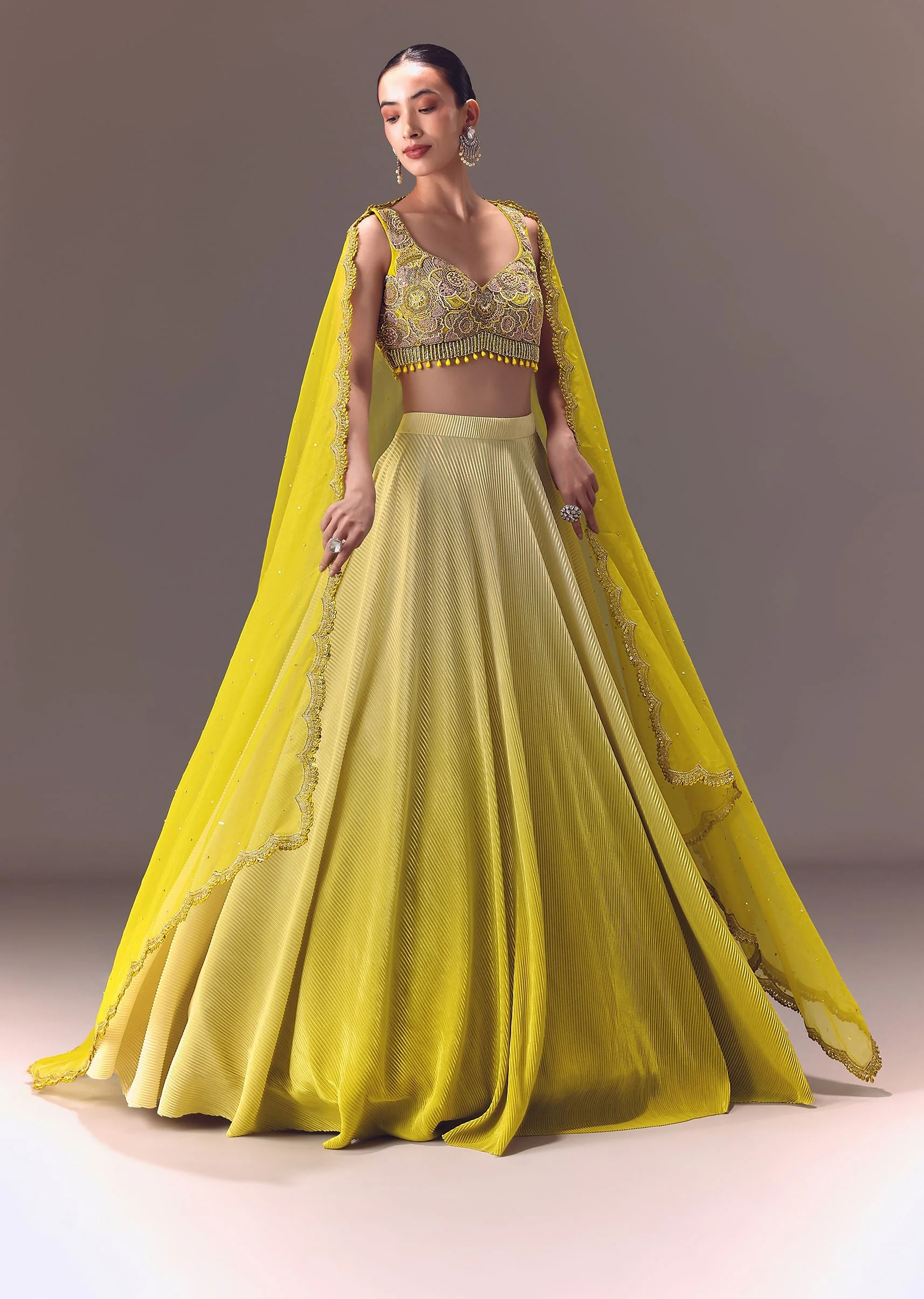Citrus Green Ombre Crushed Lehenga Set With Organza Dupatta - Image 3