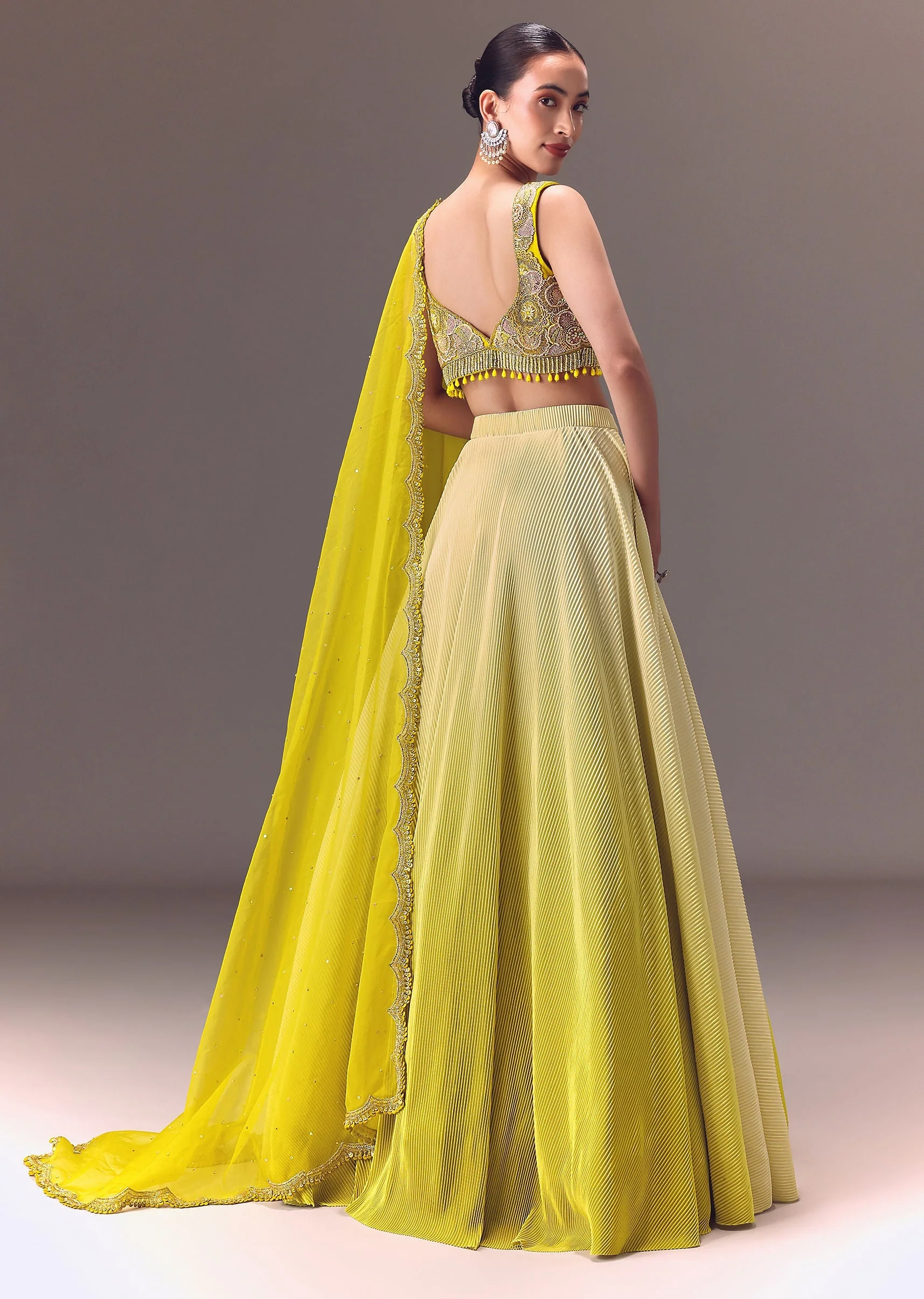 Citrus Green Ombre Crushed Lehenga Set With Organza Dupatta - Image 5
