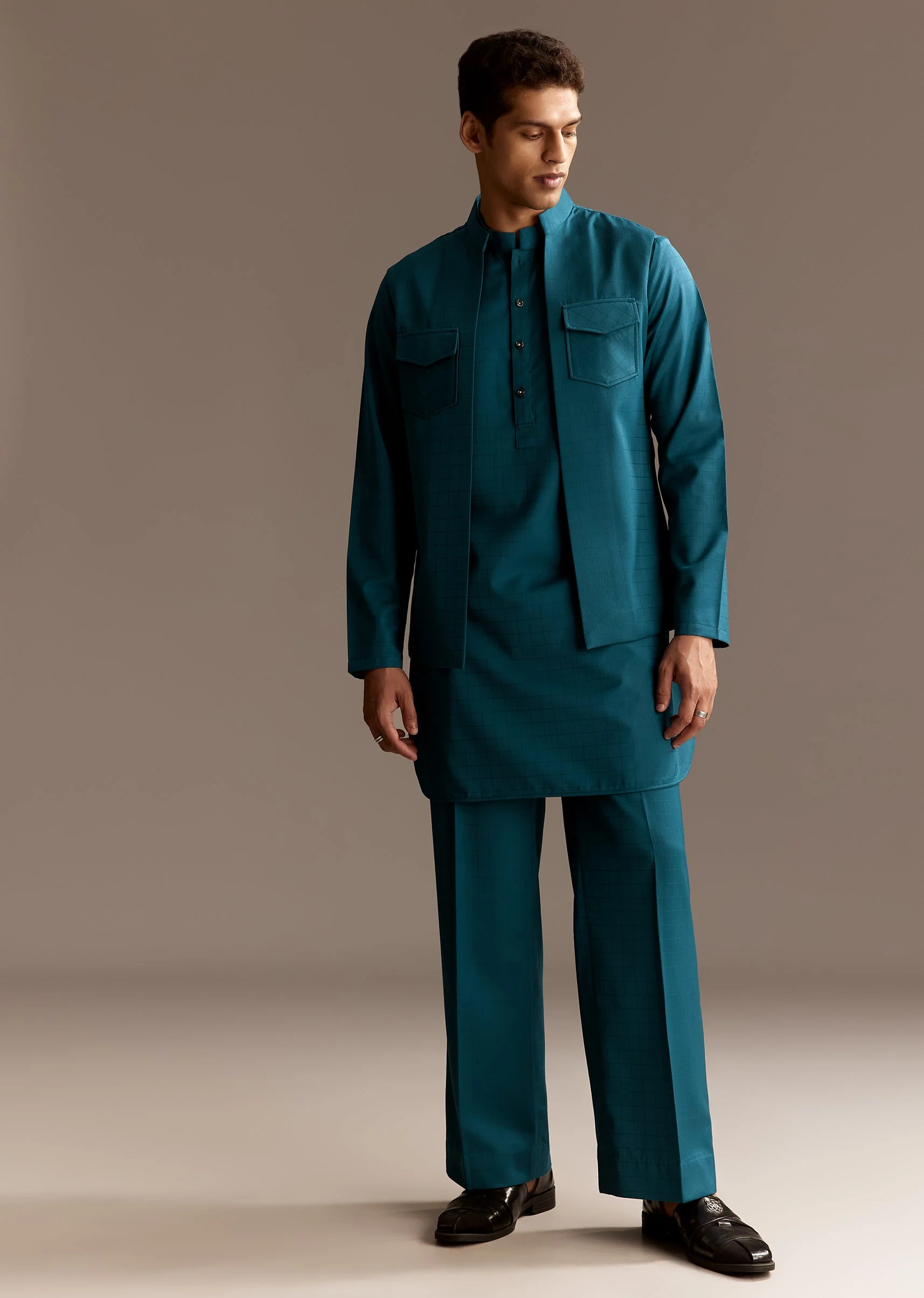 Contemporary Blue Festive Couple Set – Blue Ombre Silk Coord Set For Her And Blue Kurta Jacket Set For Him - Image 11