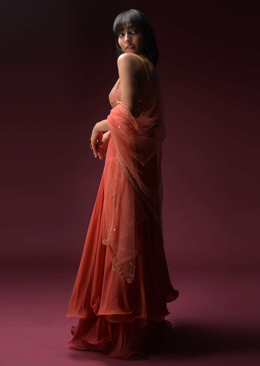 Coral Anarkali Suit With Geometric Shaped Mirror Accented Bodice And Fun Layered Hemline - Image 6